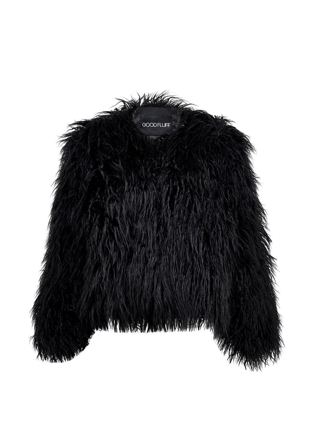Black fluffy jacket on a white background