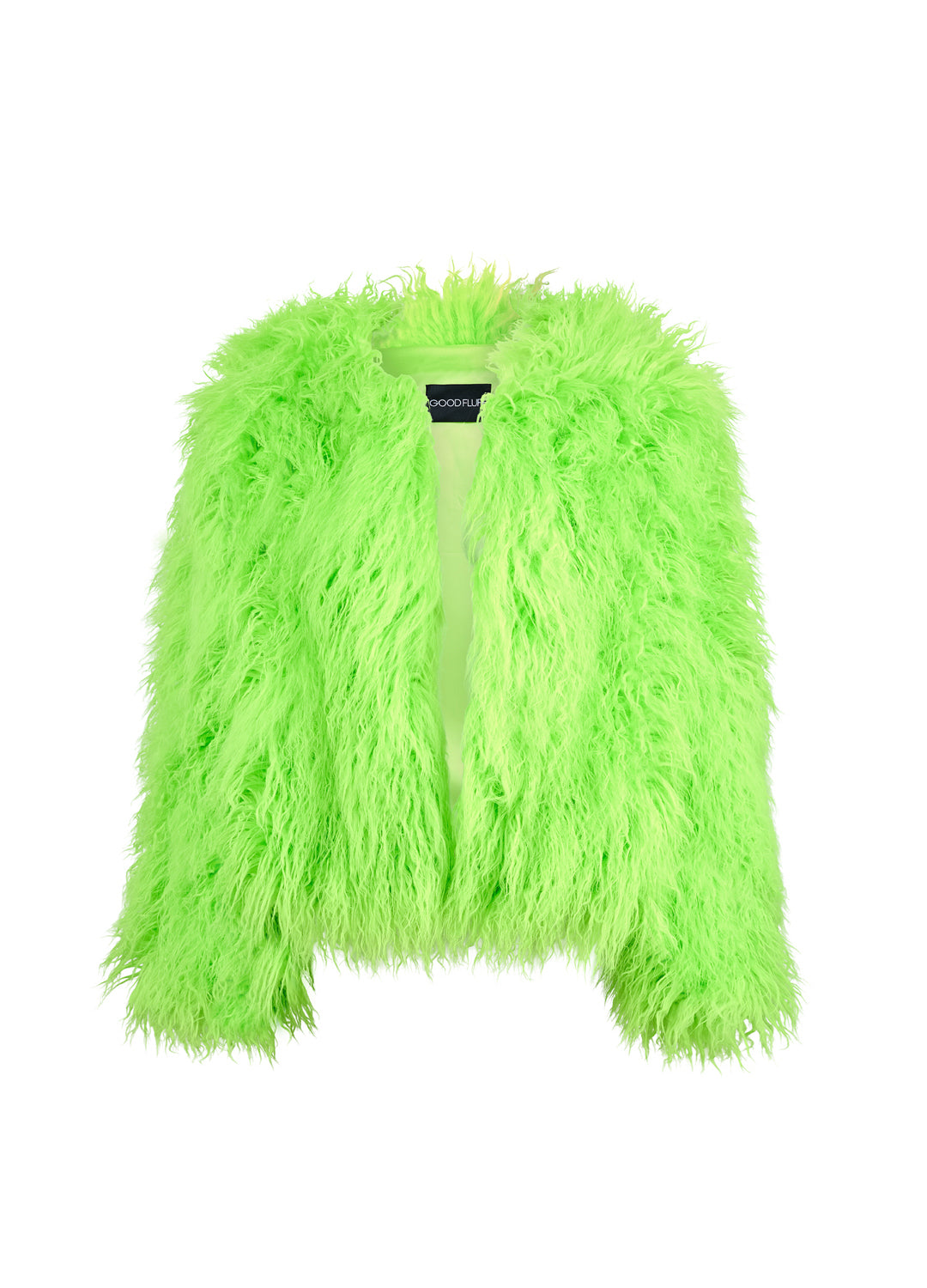 Neon green fluffy jacket on a white background