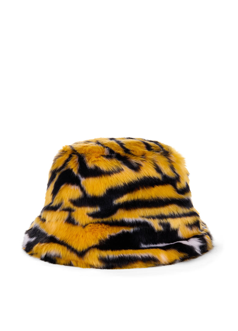 Plush Colorblock Faux-Fur Bucket Hat — Yellow, Navy, Cream & Black Faux Fur Bucket | Trendy Plush Streetwear - Past Season  main image 4
