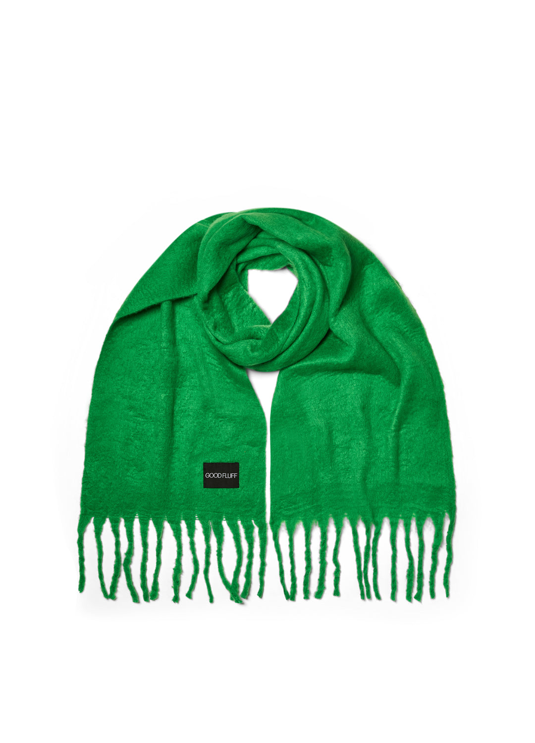 Green scarf with a brand label on a white background