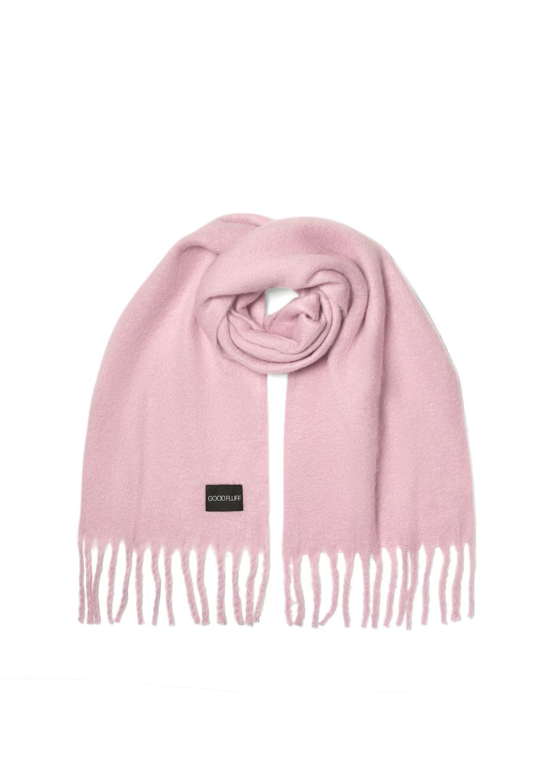 Candy Floss Pink scarf with a brand label on a white background