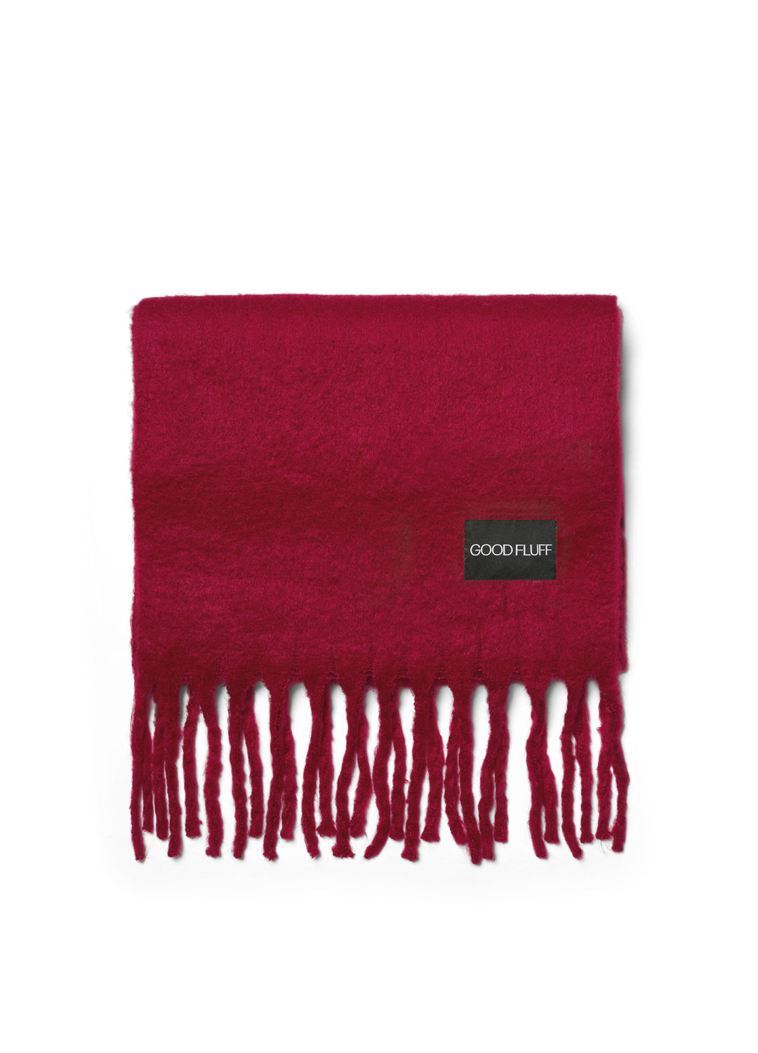 Cherry red scarf with fringes and 'Good Fleece' label on a white background