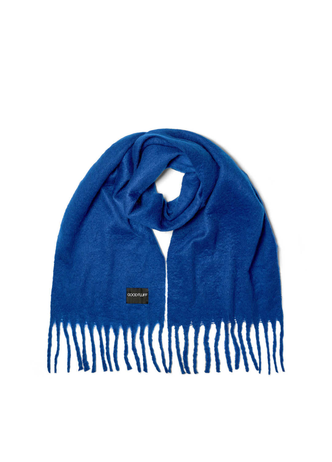 Dark blue scarf with fringes on a white background