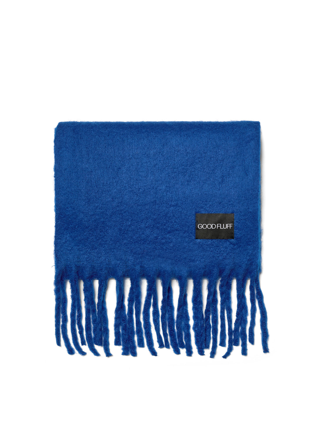 Blue scarf with fringes and 'Good Fluff' label on a white background