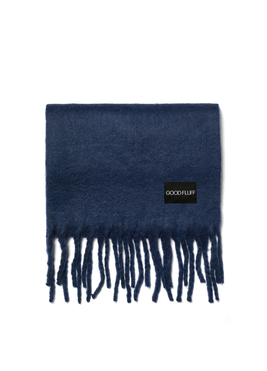 Navy inky blue scarf with fringes and 'Good Fluff' label on a white background
