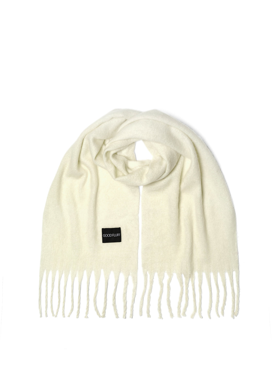 Lunar white scarf with fringes and a brand label on a white background