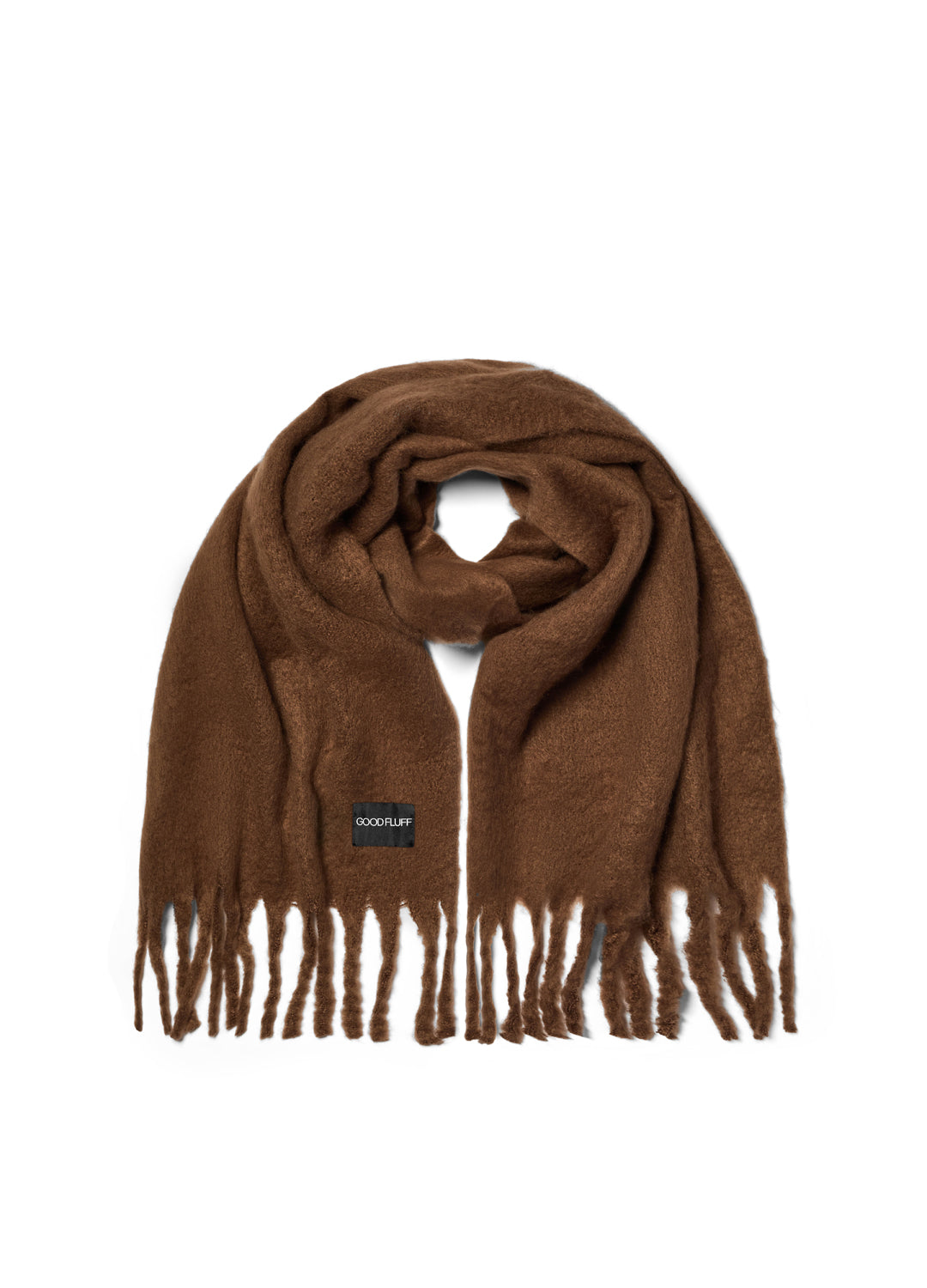 Chocolate brown scarf with fringes on a white background