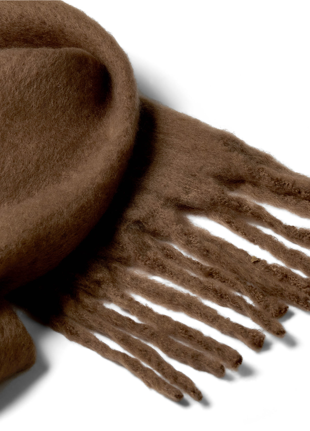 Mocha brown scarf with fringes on a white background
