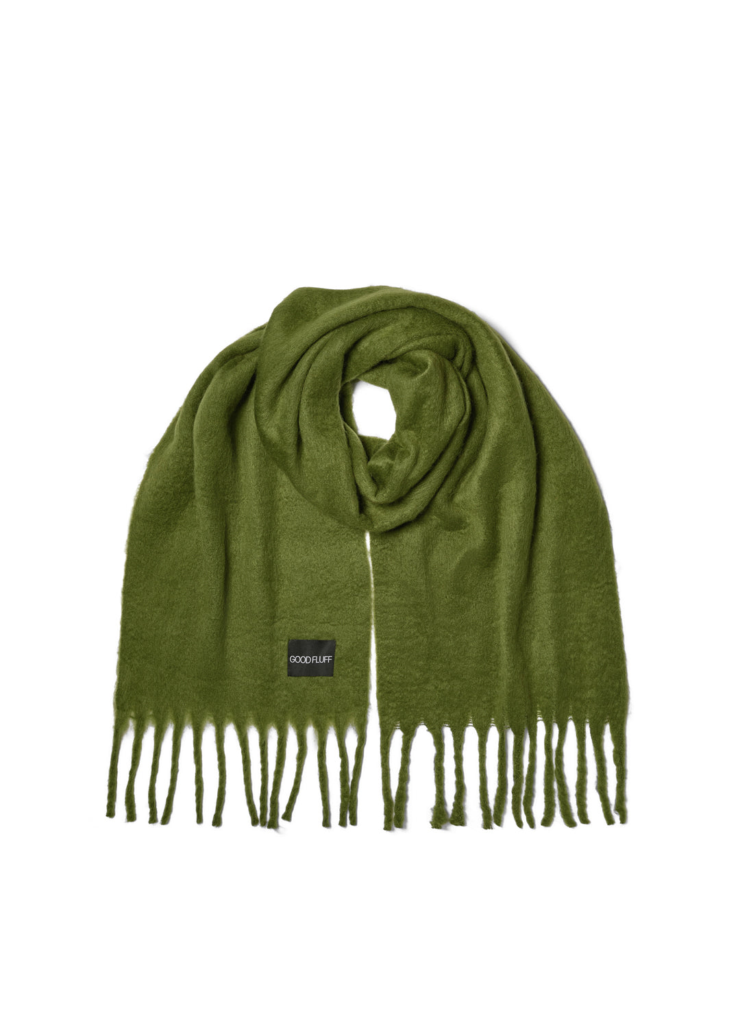 Green scarf with a brand logo on a white background
