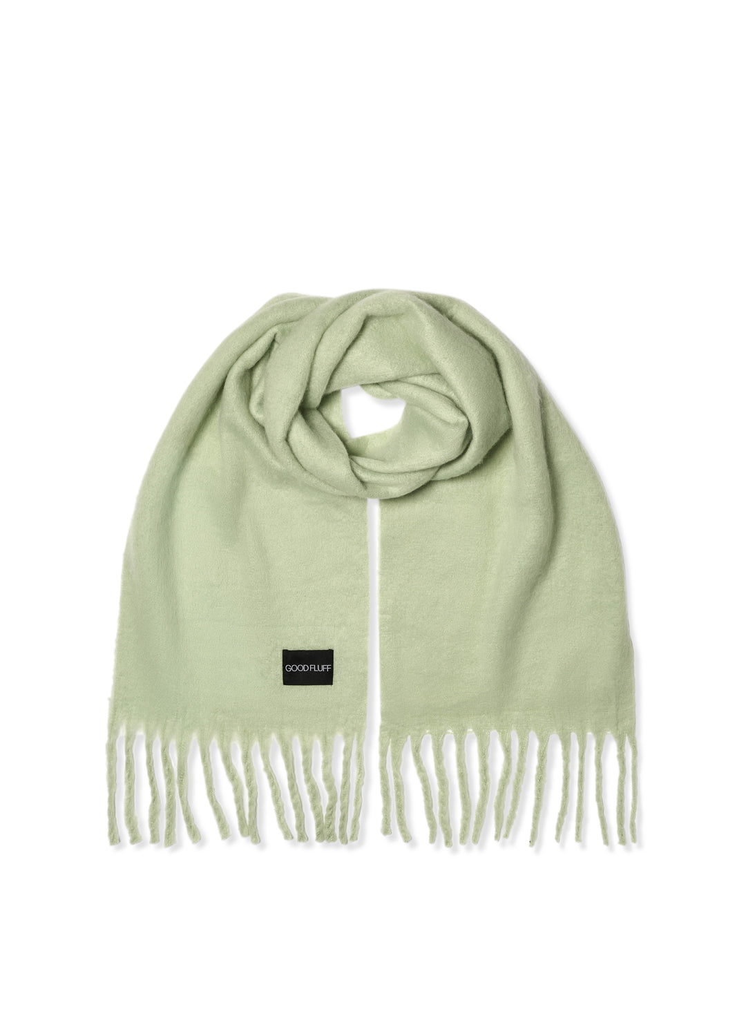 Pale water lily green scarf with a brand label on a white background