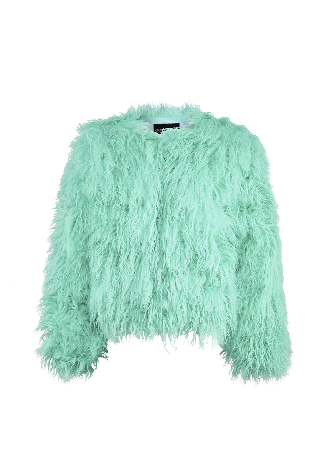 Mint pastel green fluffy jacket on a white background