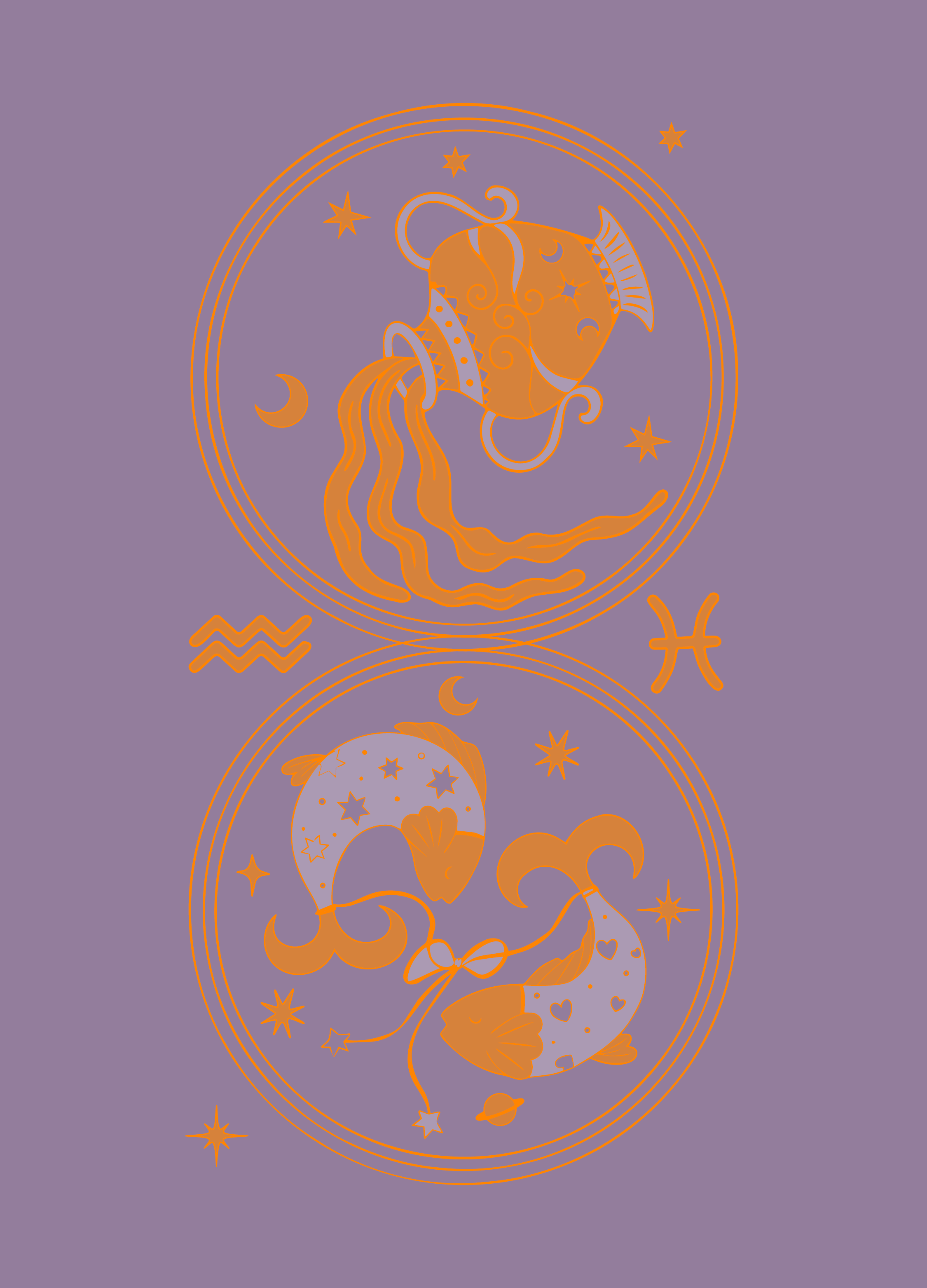 A purple & orange llustration of February zodiac signs Pisces & Aquarius