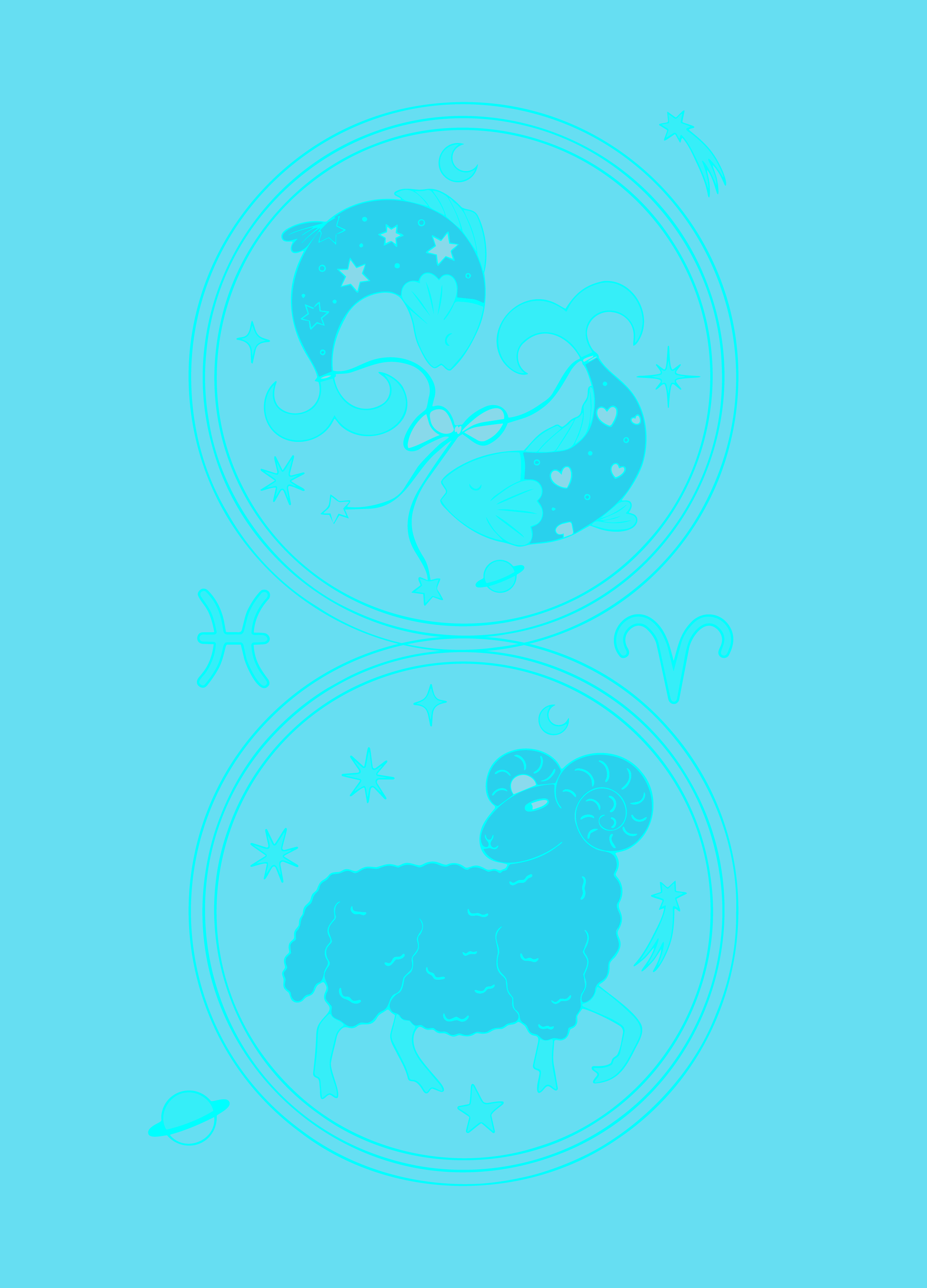 A blue mono illustration of the March Zodiac signs Pisces & Aries