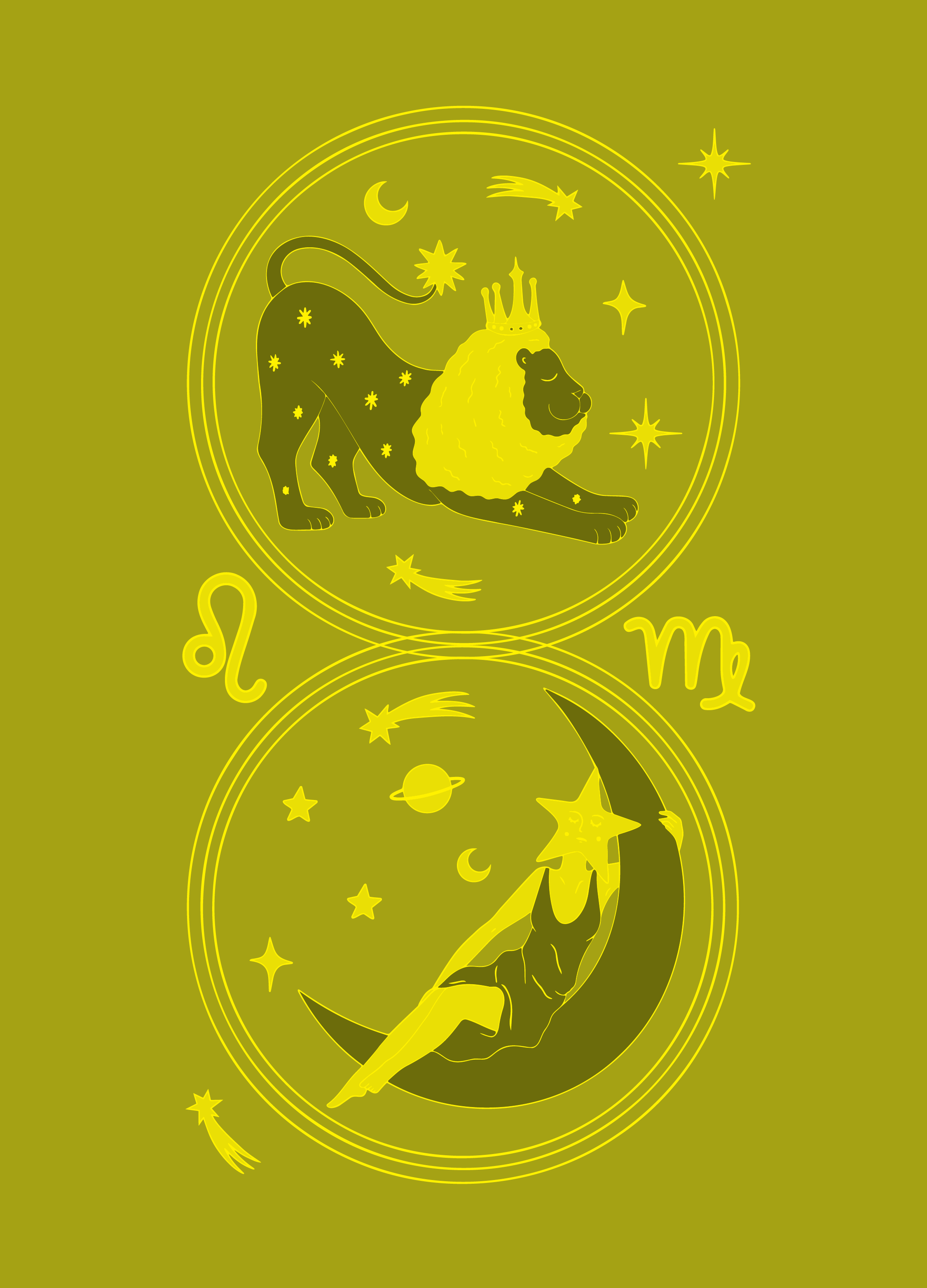 A green & yellow illustration of zirgo & leo zodiac for our August collection