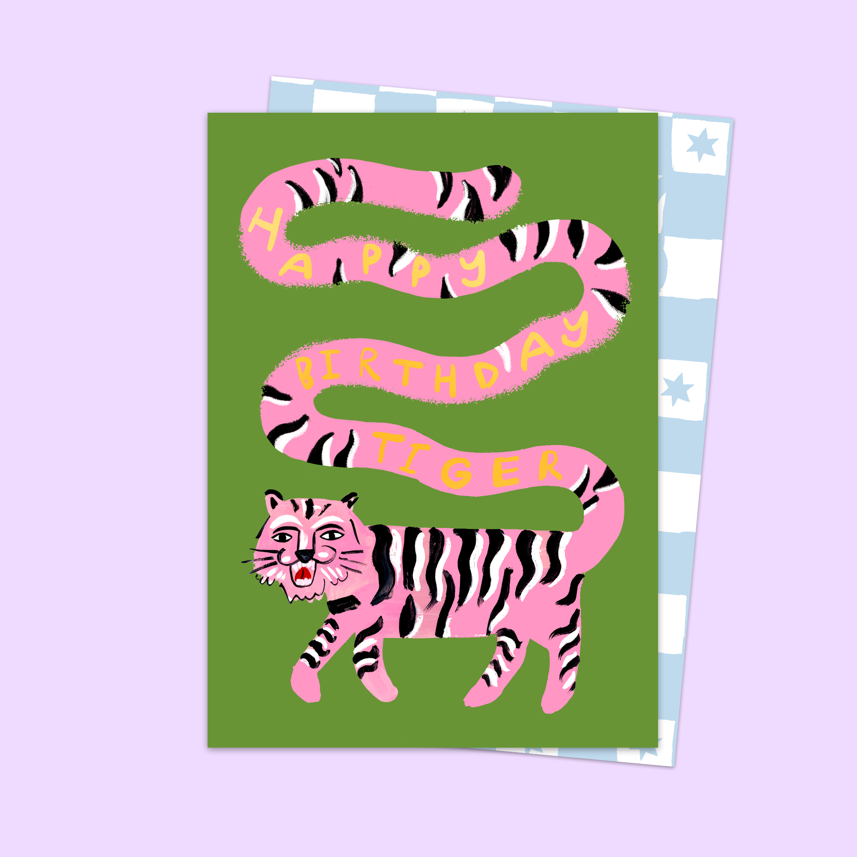 Birthday card with pink tiger and 'Happy Birthday Tiger' text on a green background