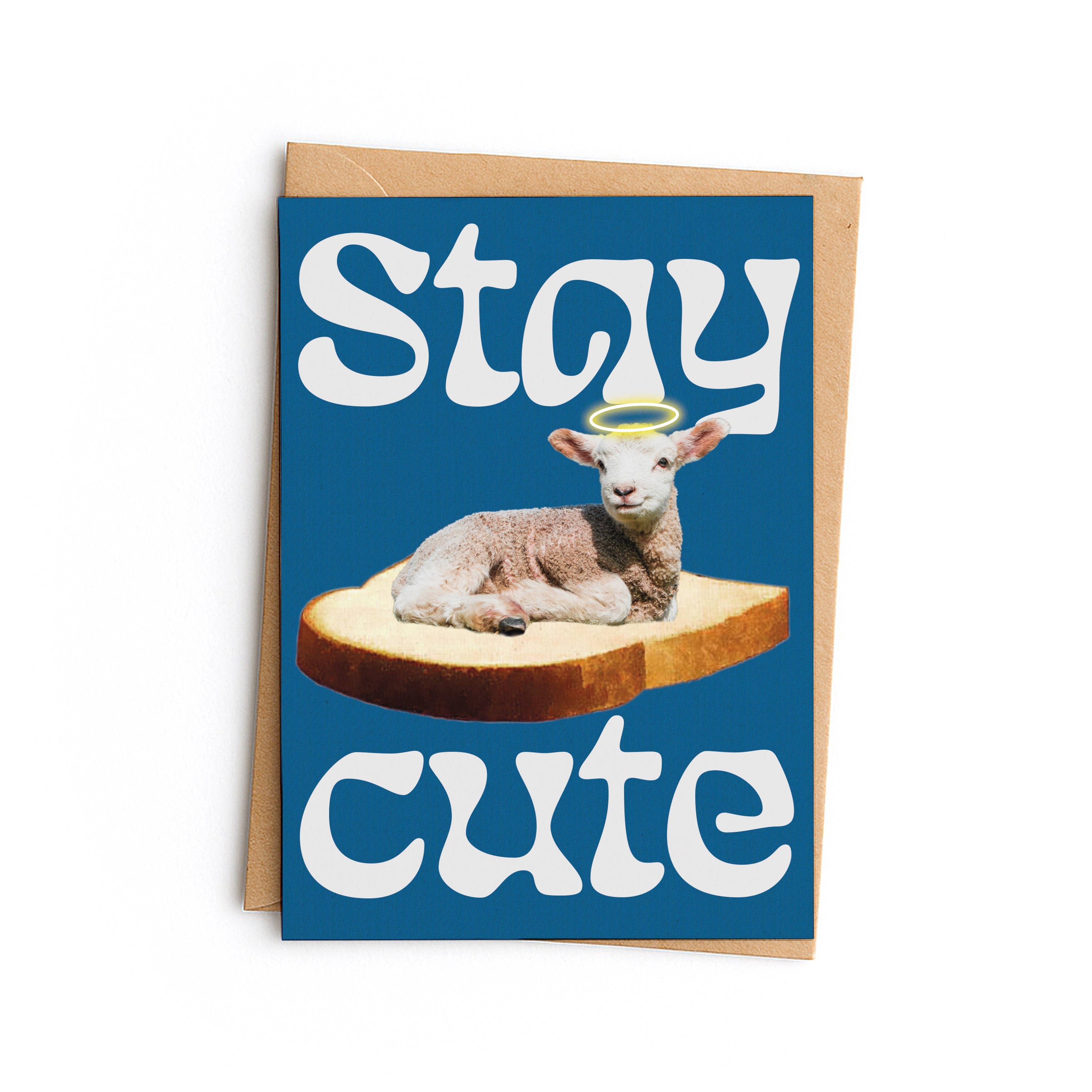 Greeting card with a lamb on a blue background and text 'Stay cute'.
