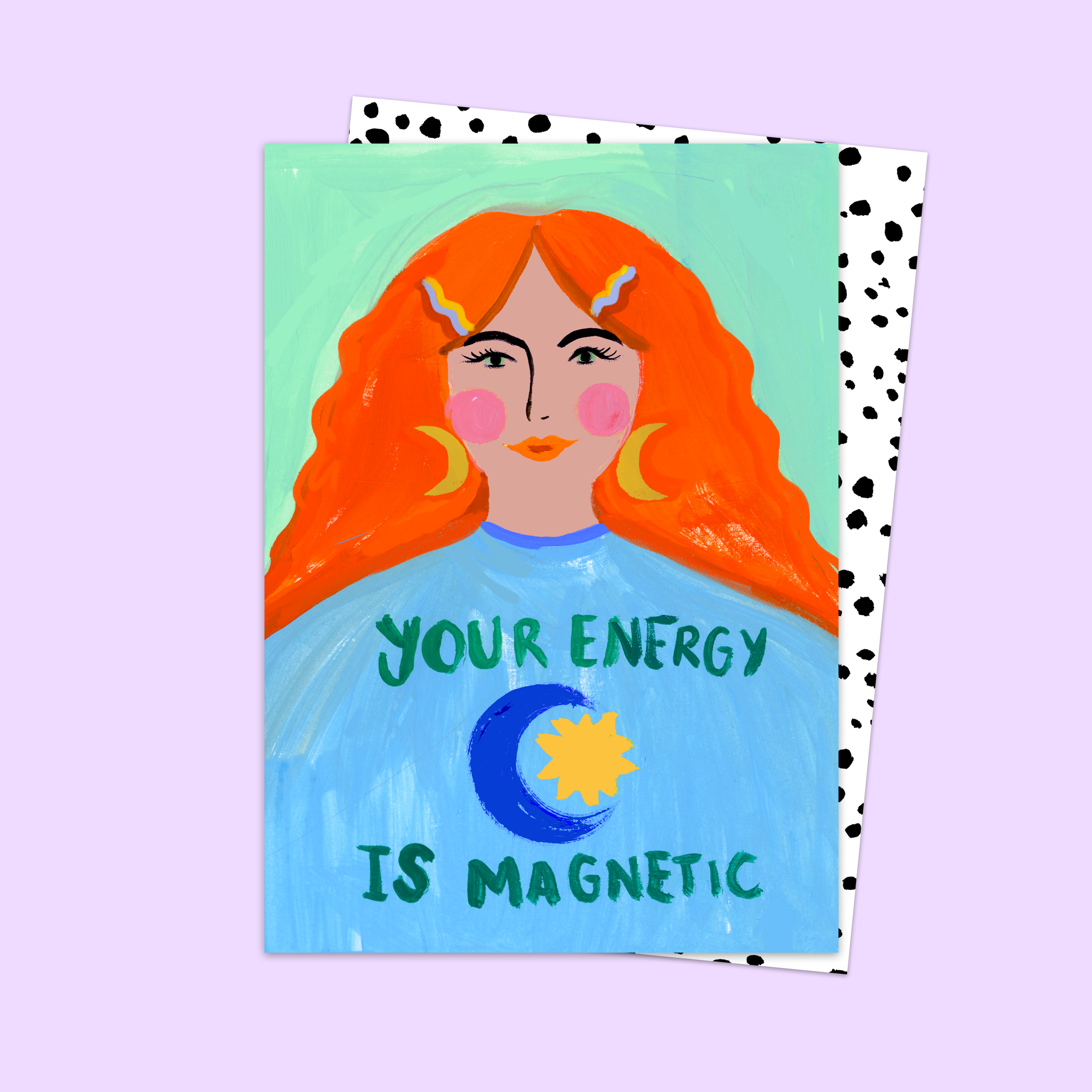 Card with a colorful illustration of a woman with red hair and a motivational quote on a polka dot background.