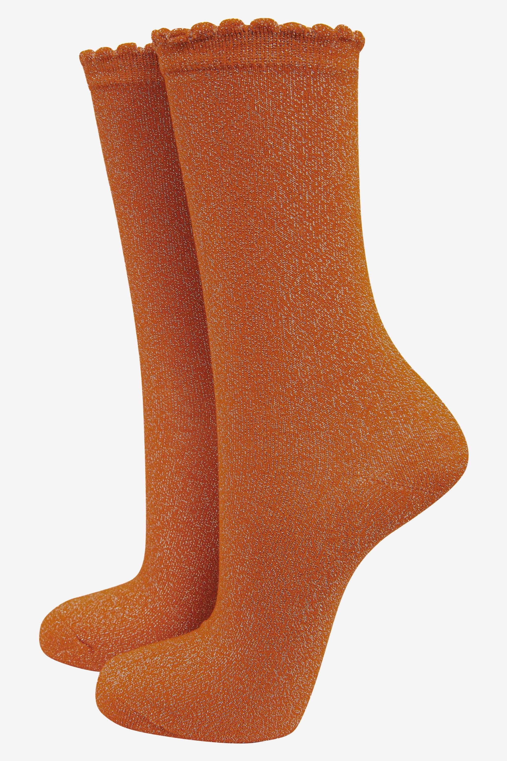 Burnt Orange Sparkly Glitter Scallop Hem Socks