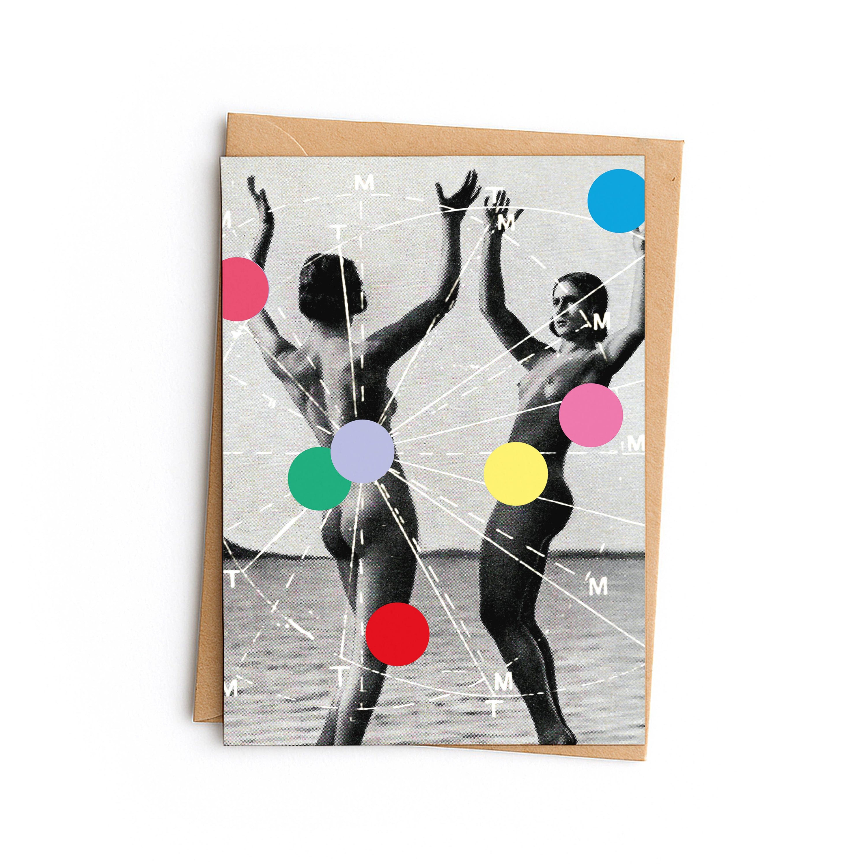 Greeting card with black and white photo of two people in swimsuits and colorful dots on a white background