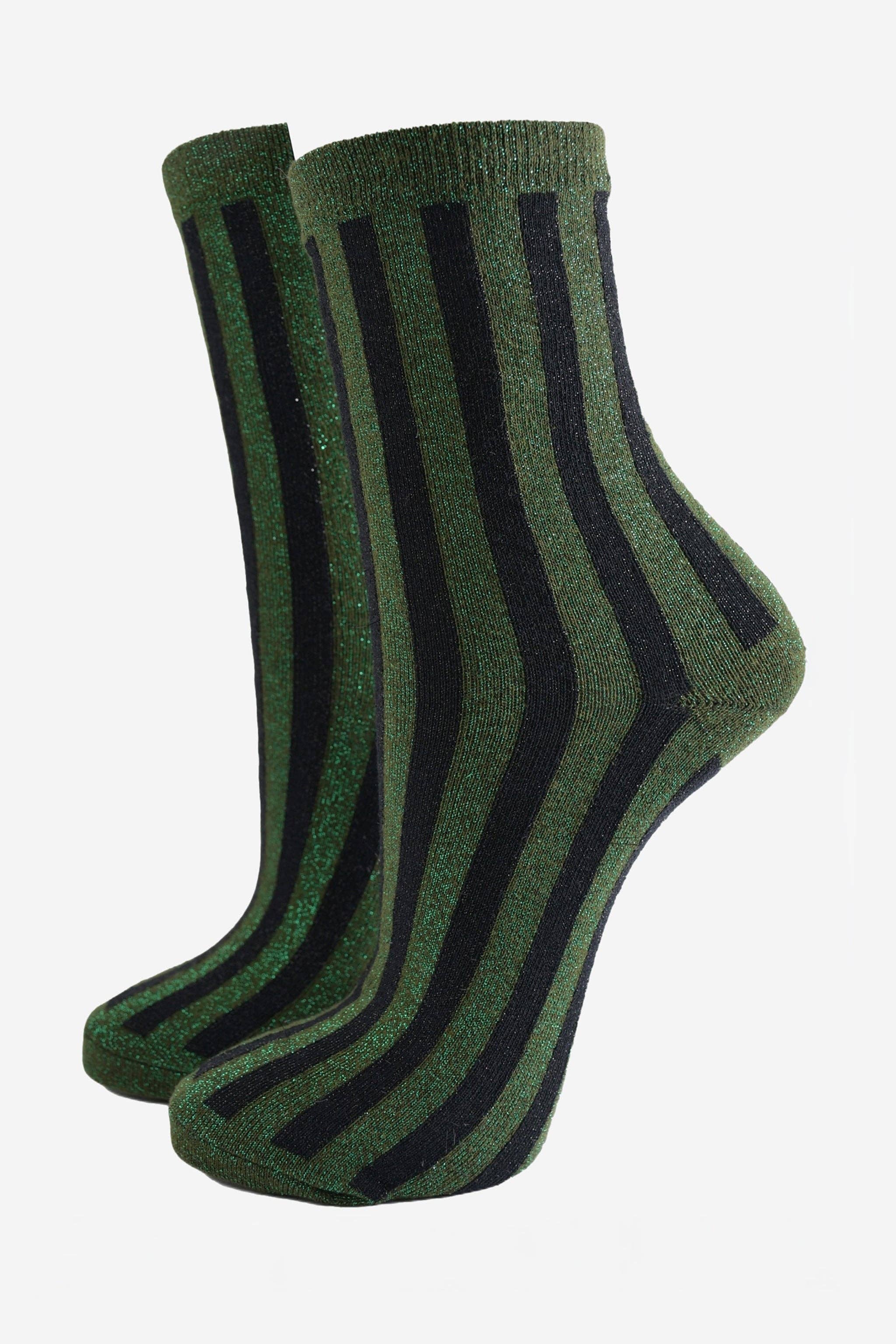 Sparkly Khaki Green Black Vertical Stripe Glitter Socks
