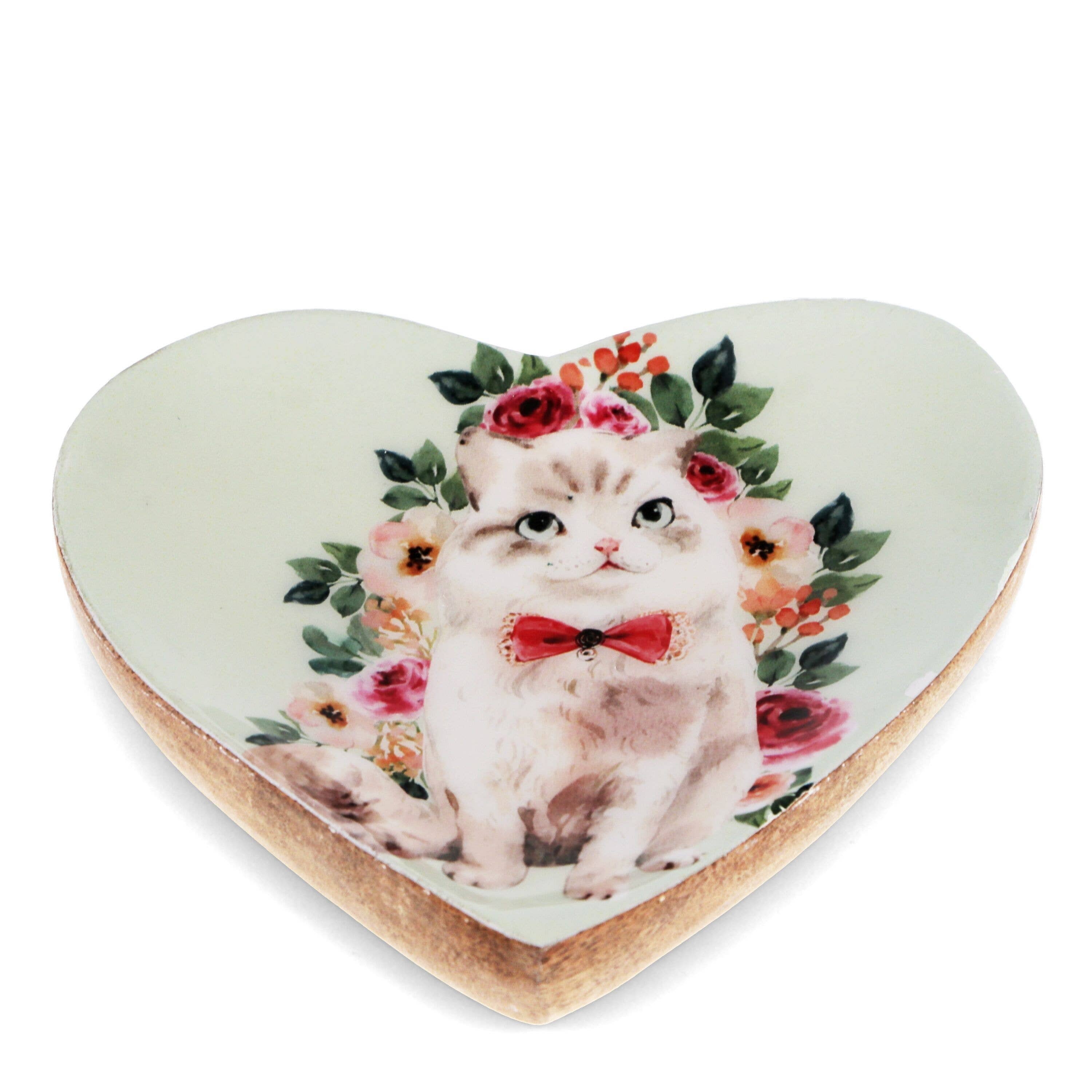 Wooden Heart-Shaped Trinket Dish - Cat