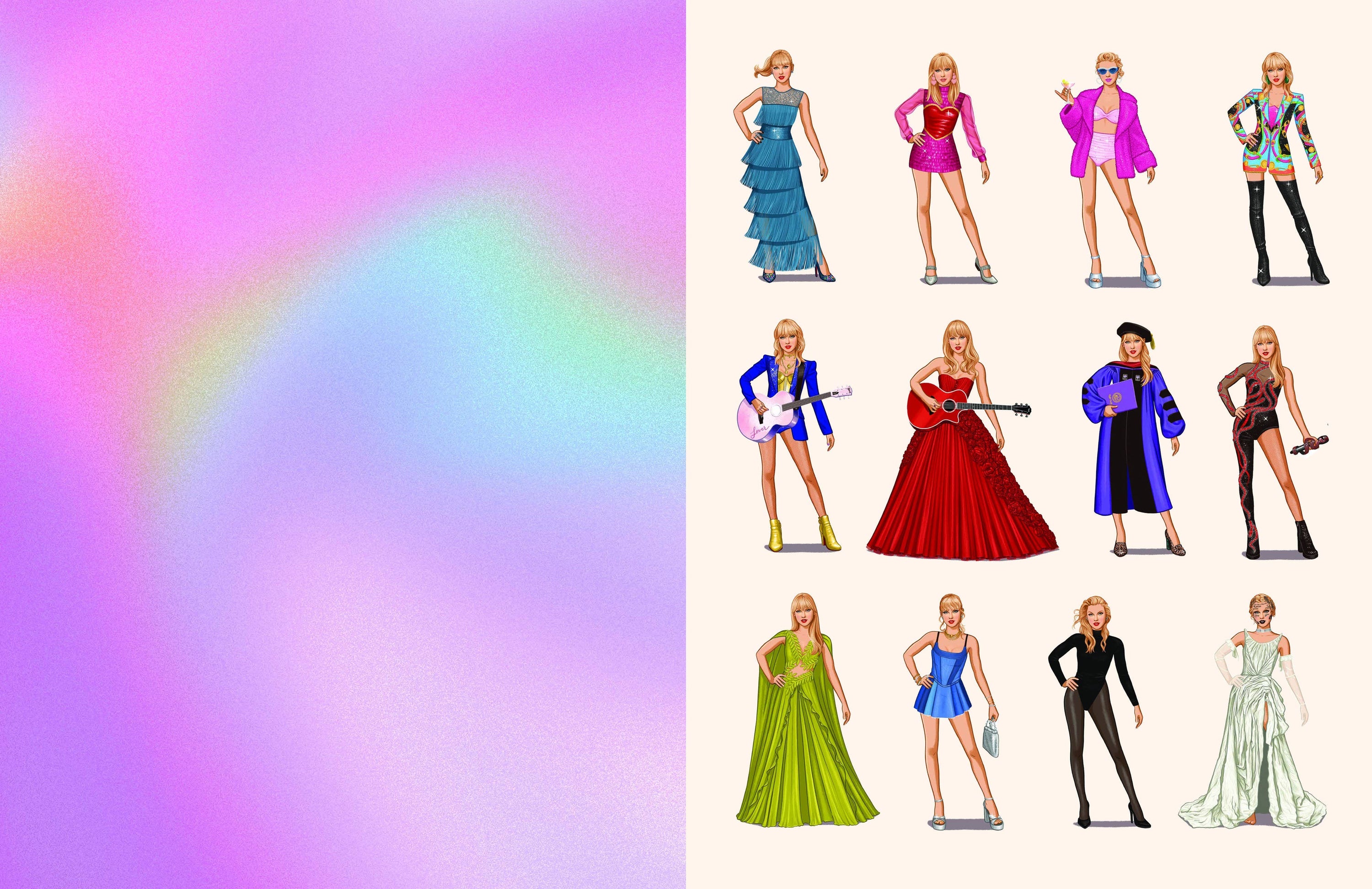 Barbie dolls in various outfits on a colorful gradient background