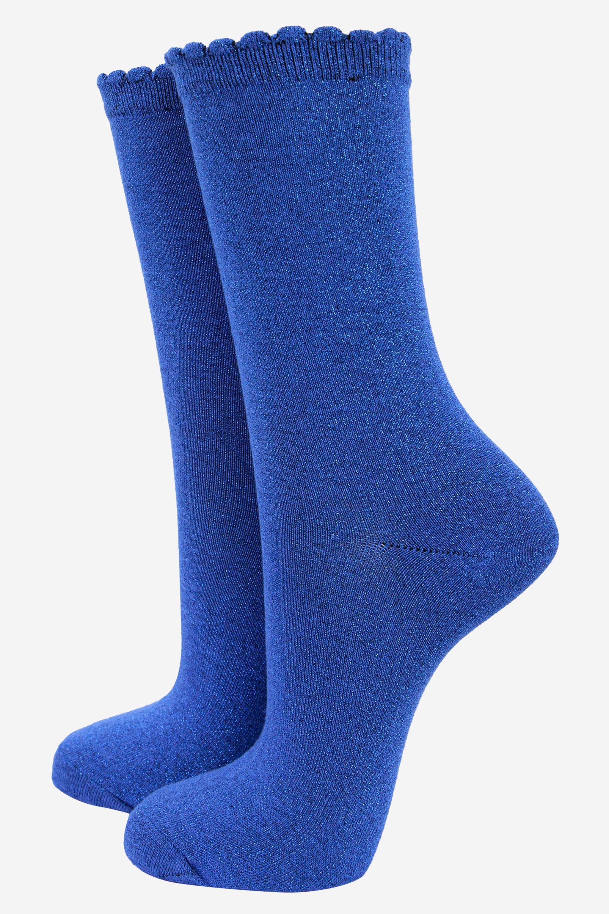 Electric Cobalt Blue Sparkly Glitter Scallop Hem Socks