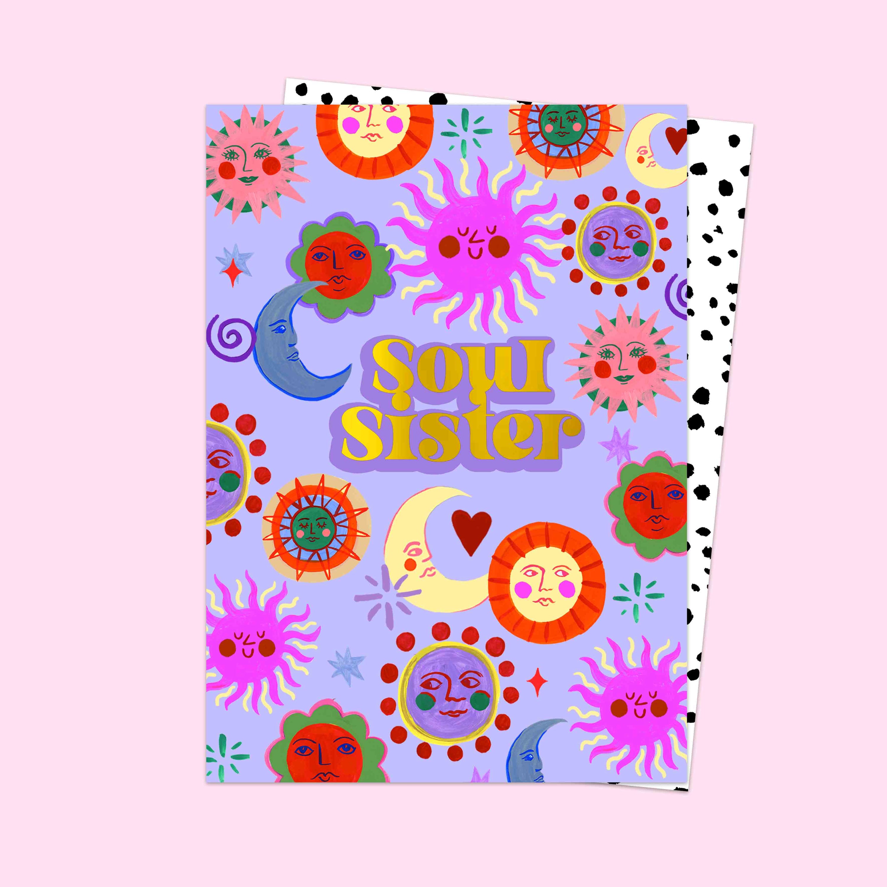 Colourful notebook with 'Soul Sister' text and abstract designs on a pink background