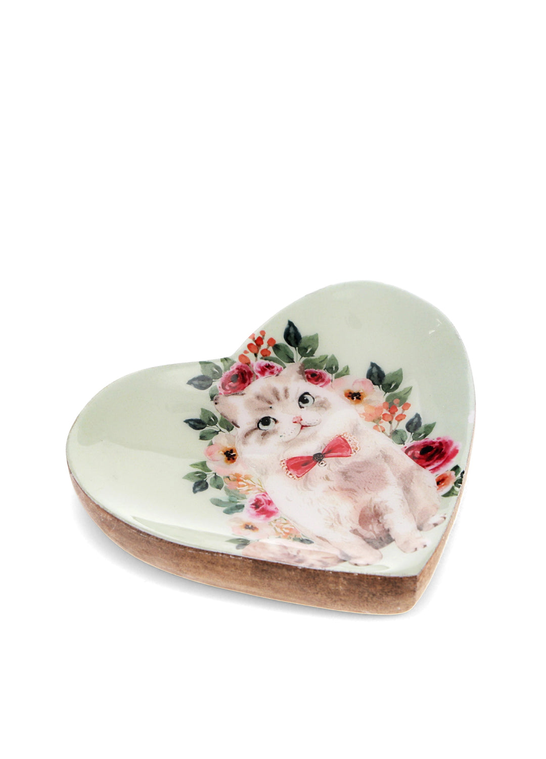 Wooden Heart-Shaped Trinket Dish - Cat