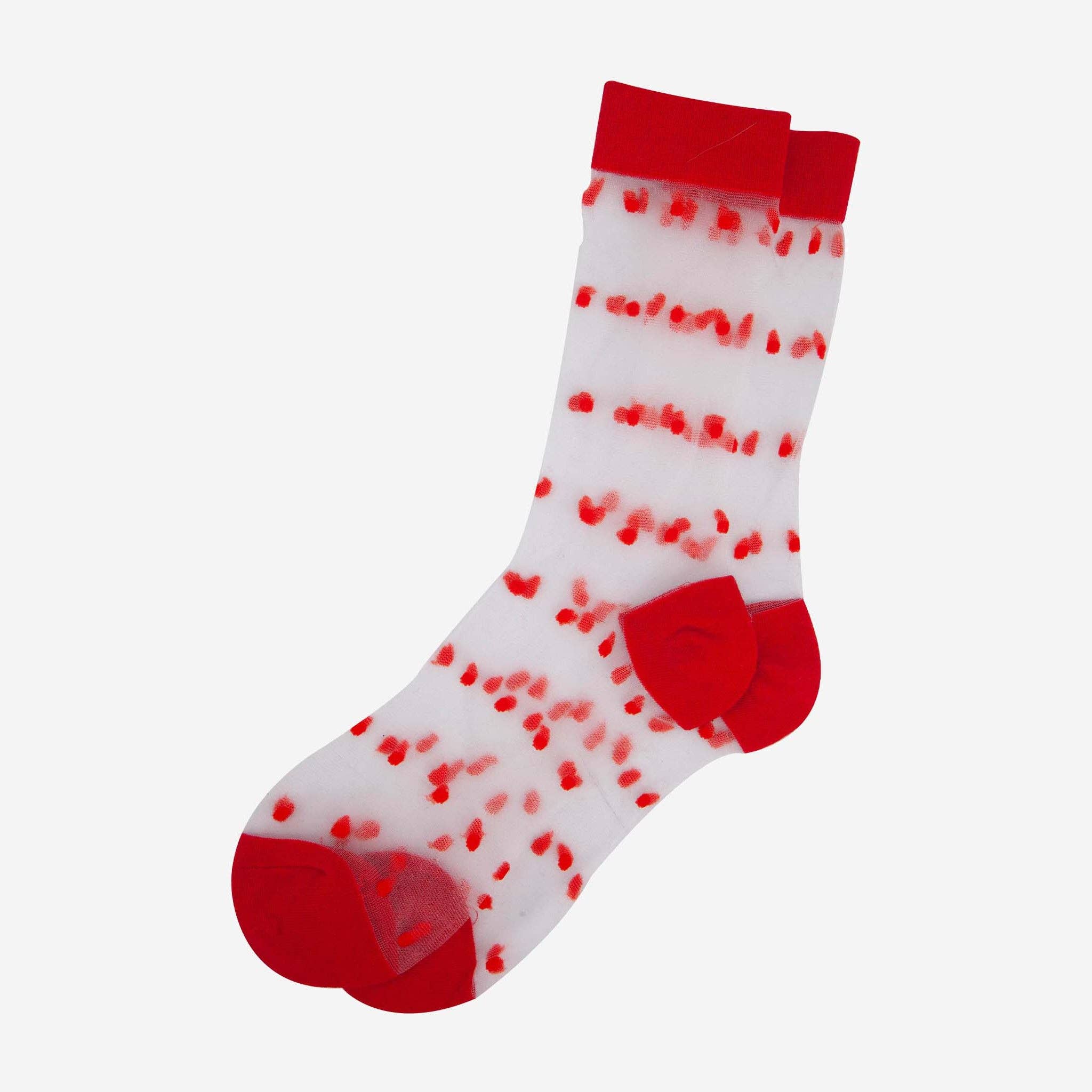 White sock with red heart patterns on a white background