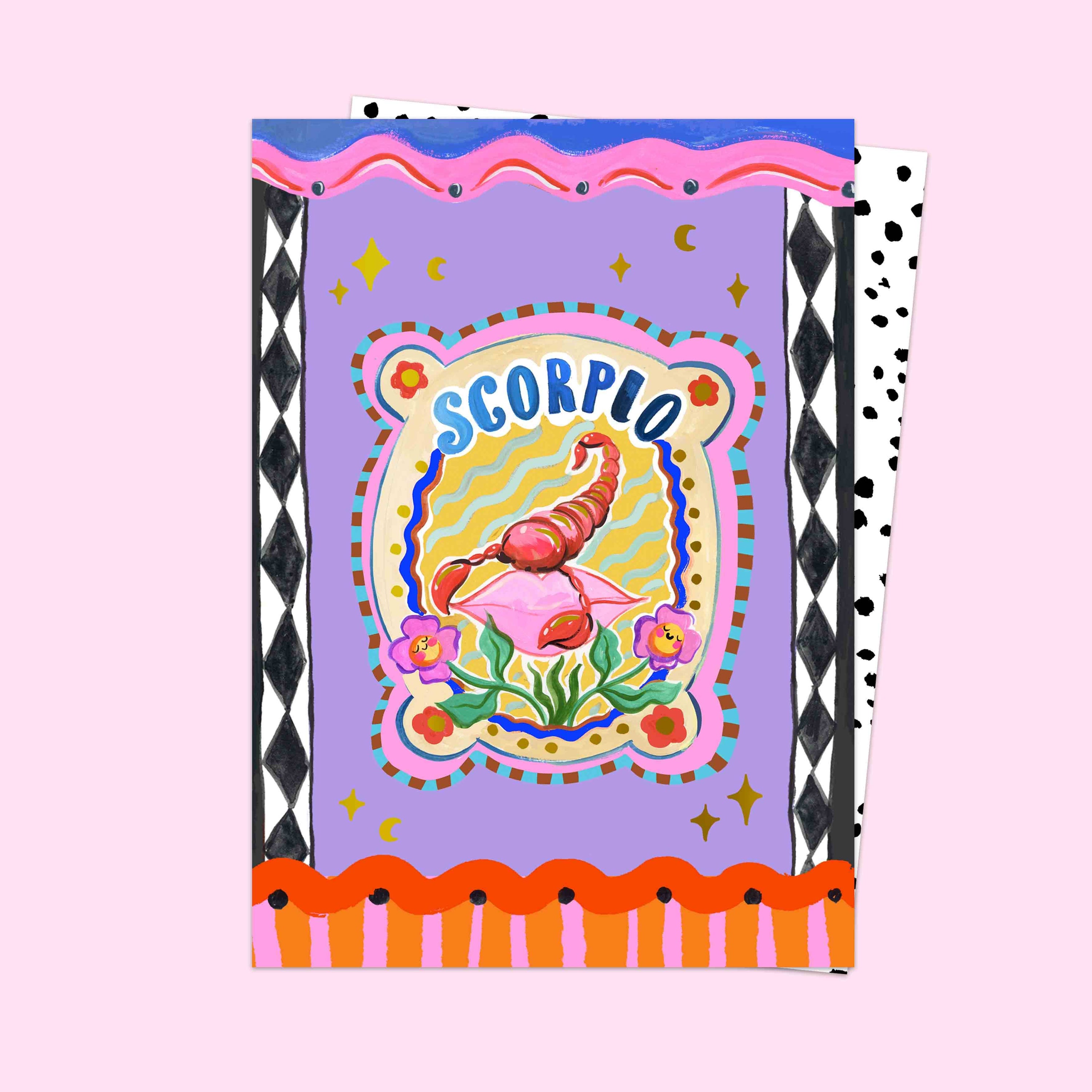Colorful Scorpio zodiac card with decorative border on a pink background