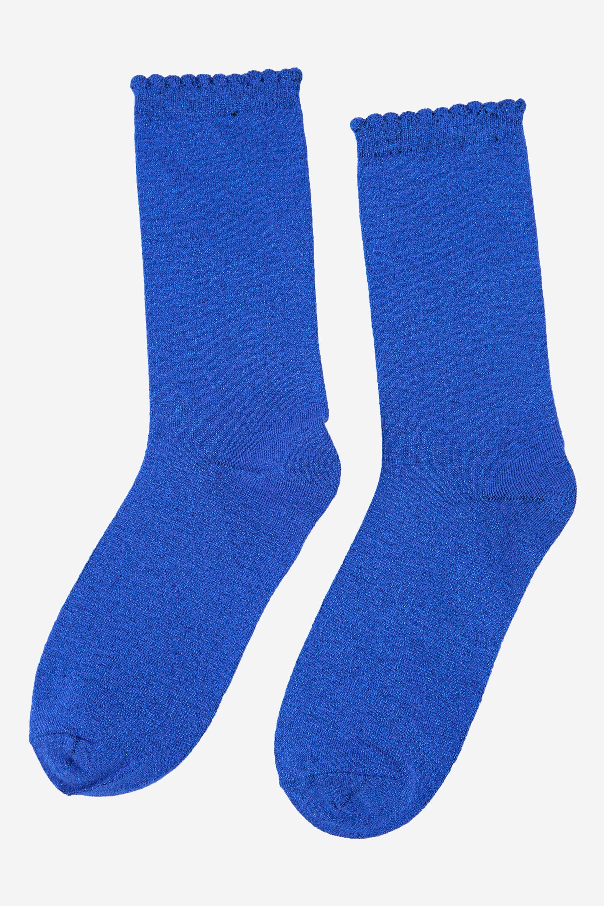 Electric Cobalt Blue Sparkly Glitter Scallop Hem Socks