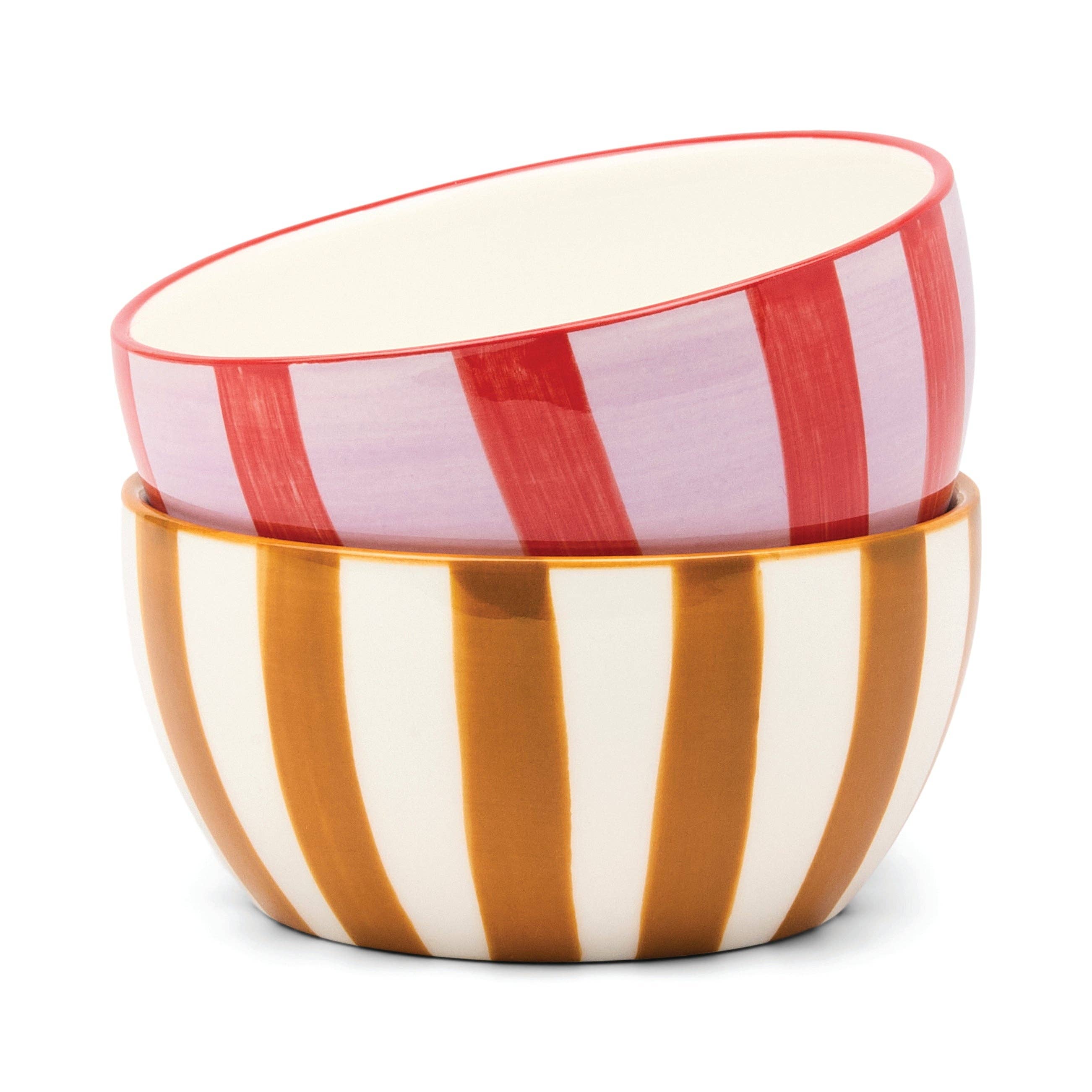 Two striped ceramic bowls, one red and white, the other orange and white, on a white background.