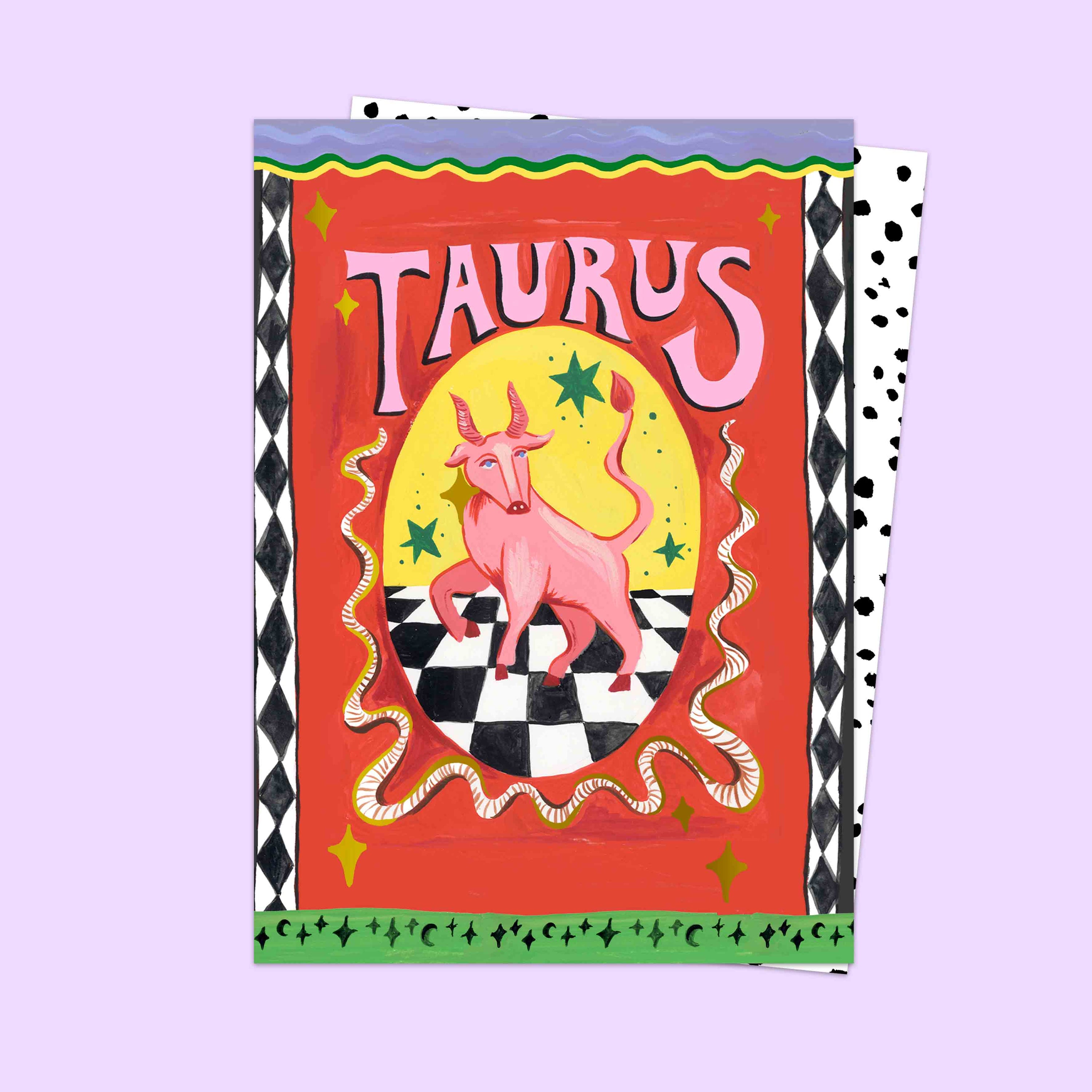 Greeting card with Taurus zodiac design on a purple background