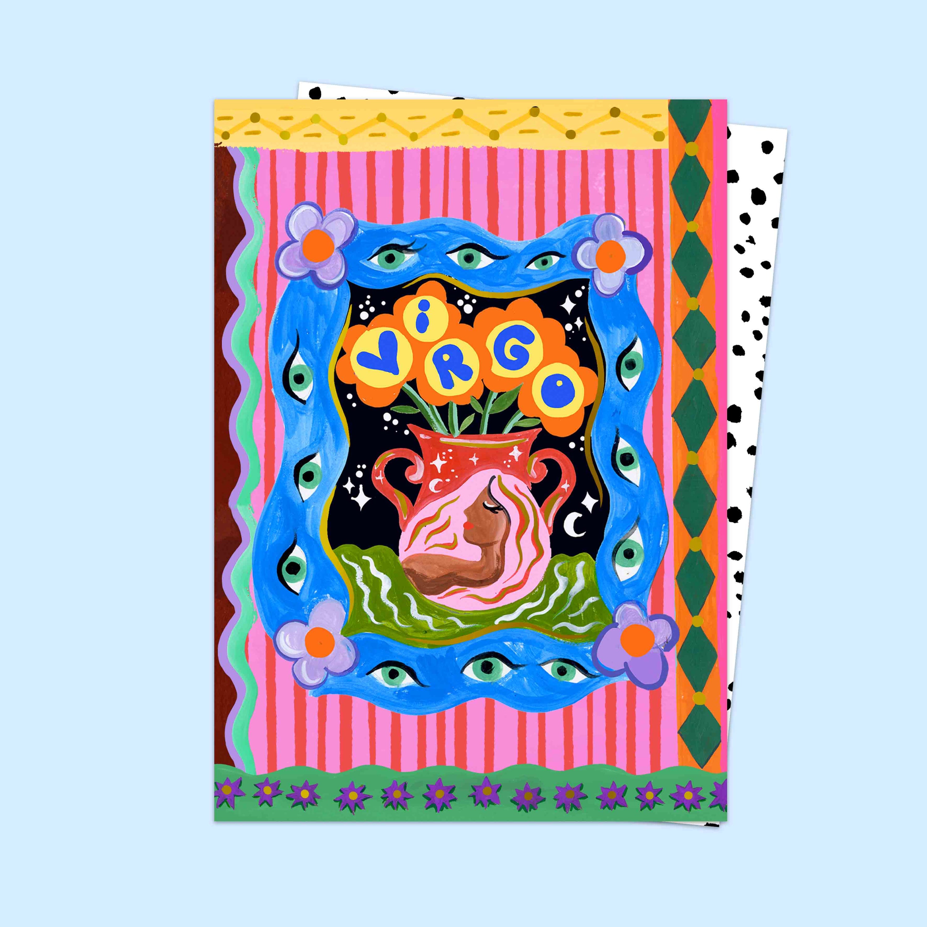 Colorful card with 'Virgo' design on a light blue background