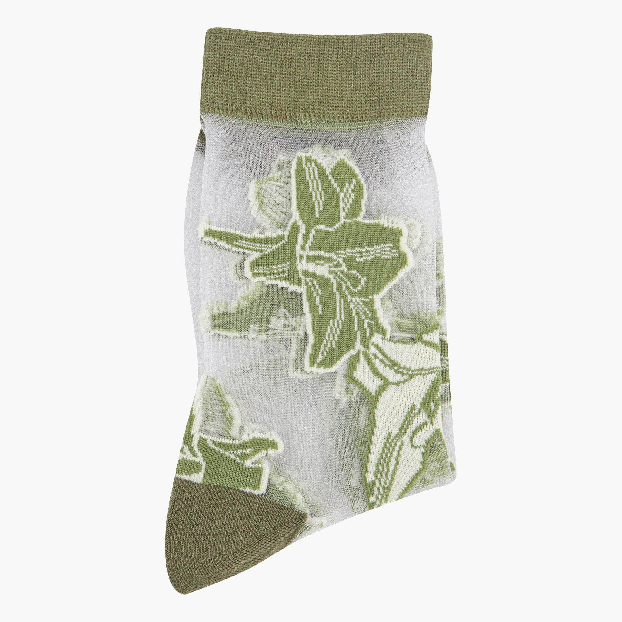 Sheer Green Tropical Floral Statement Ankle Socks