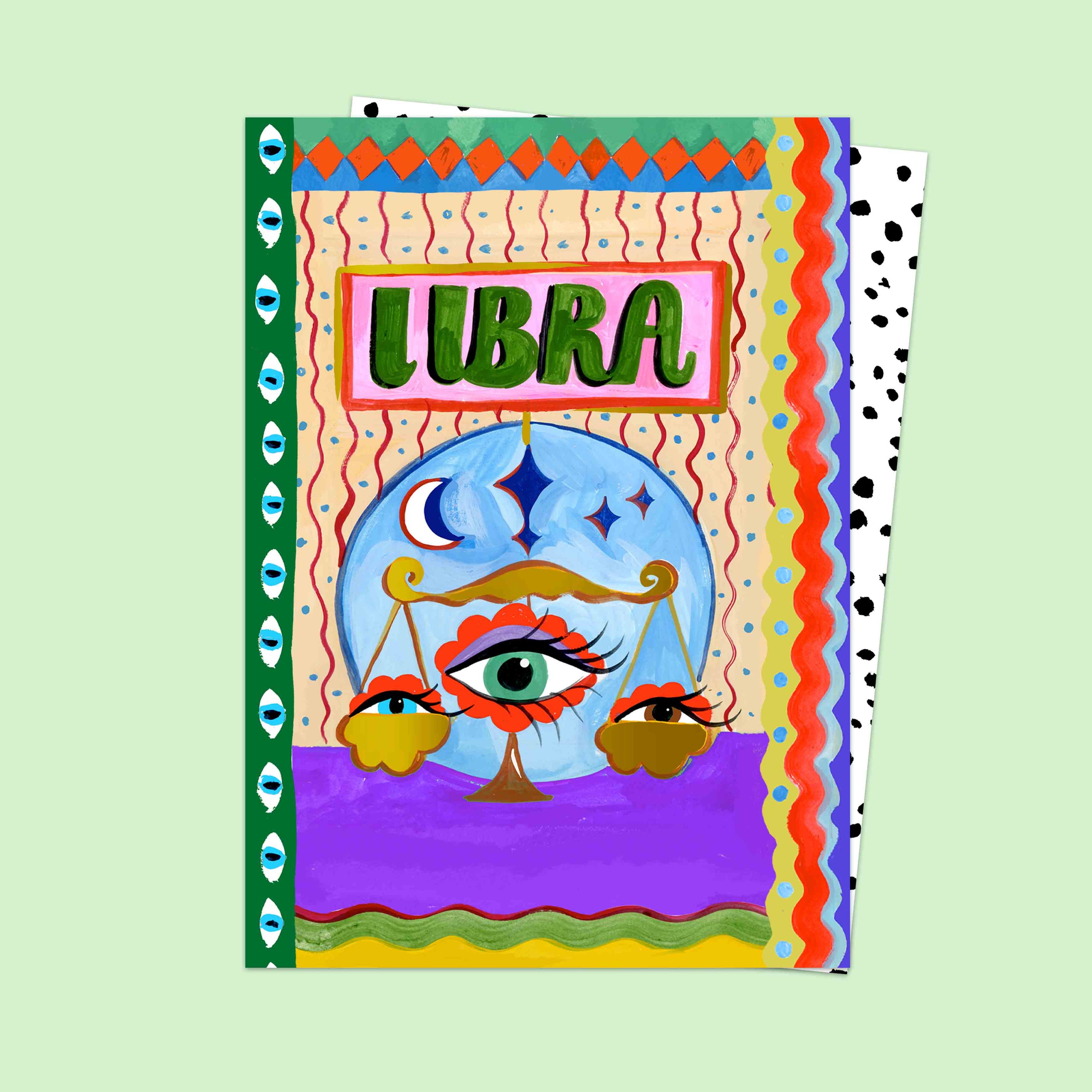 Colorful Libra zodiac card with decorative border on a light green background