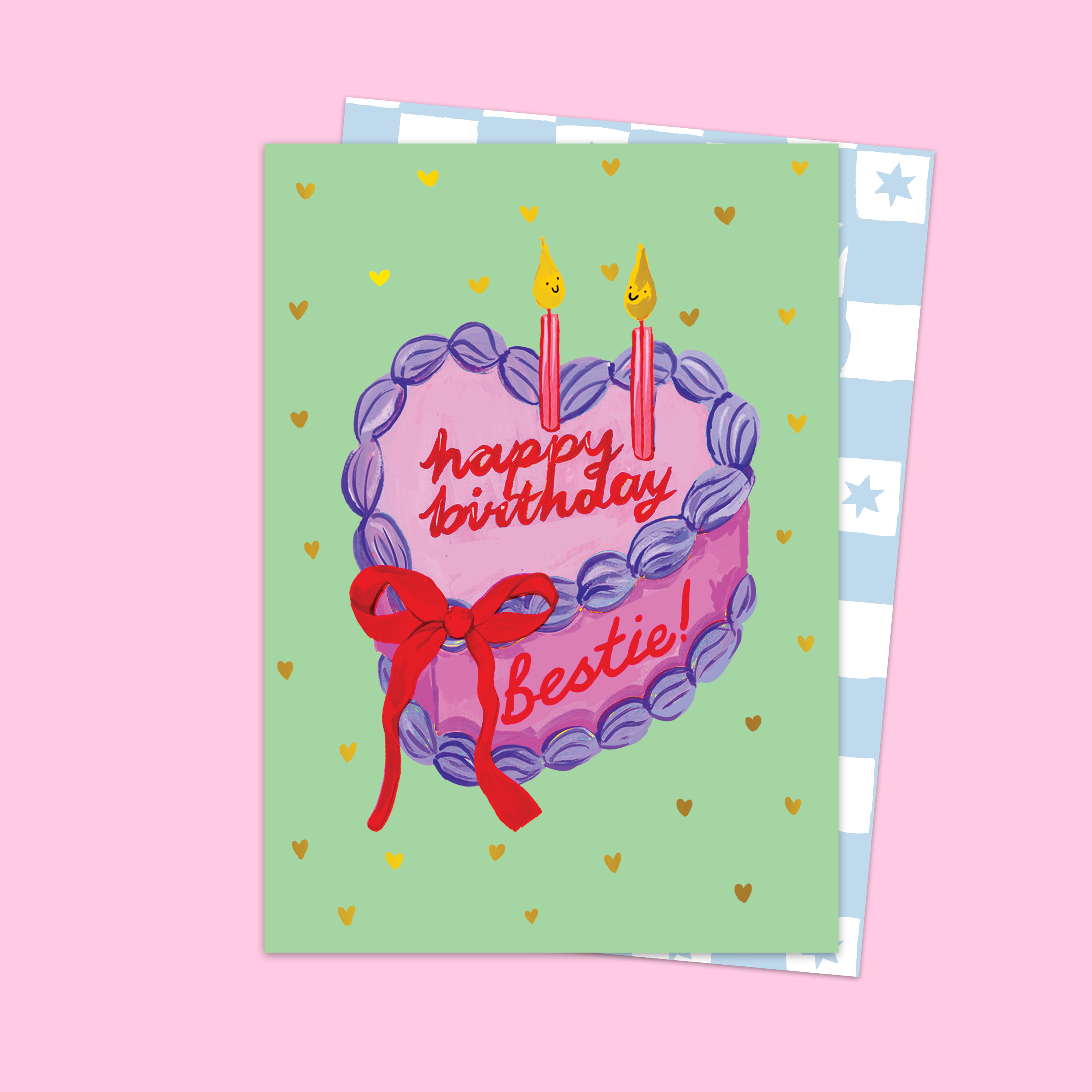 Birthday card with a cake illustration and 'Happy Birthday Bestie!' text on a pink background