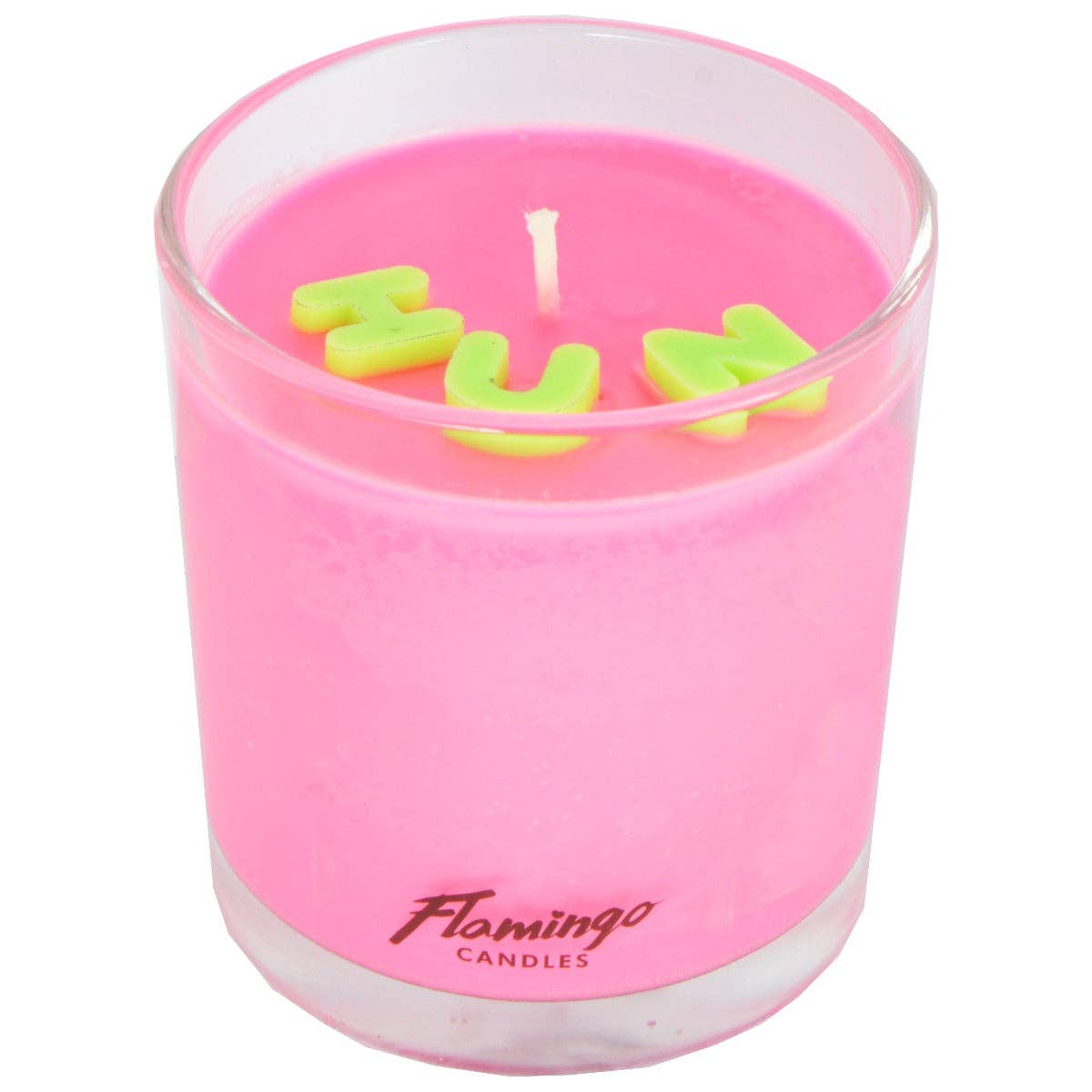 Pink candle with 'FLAMINGO' letters in the center, branded 'Flamingo Candles'.