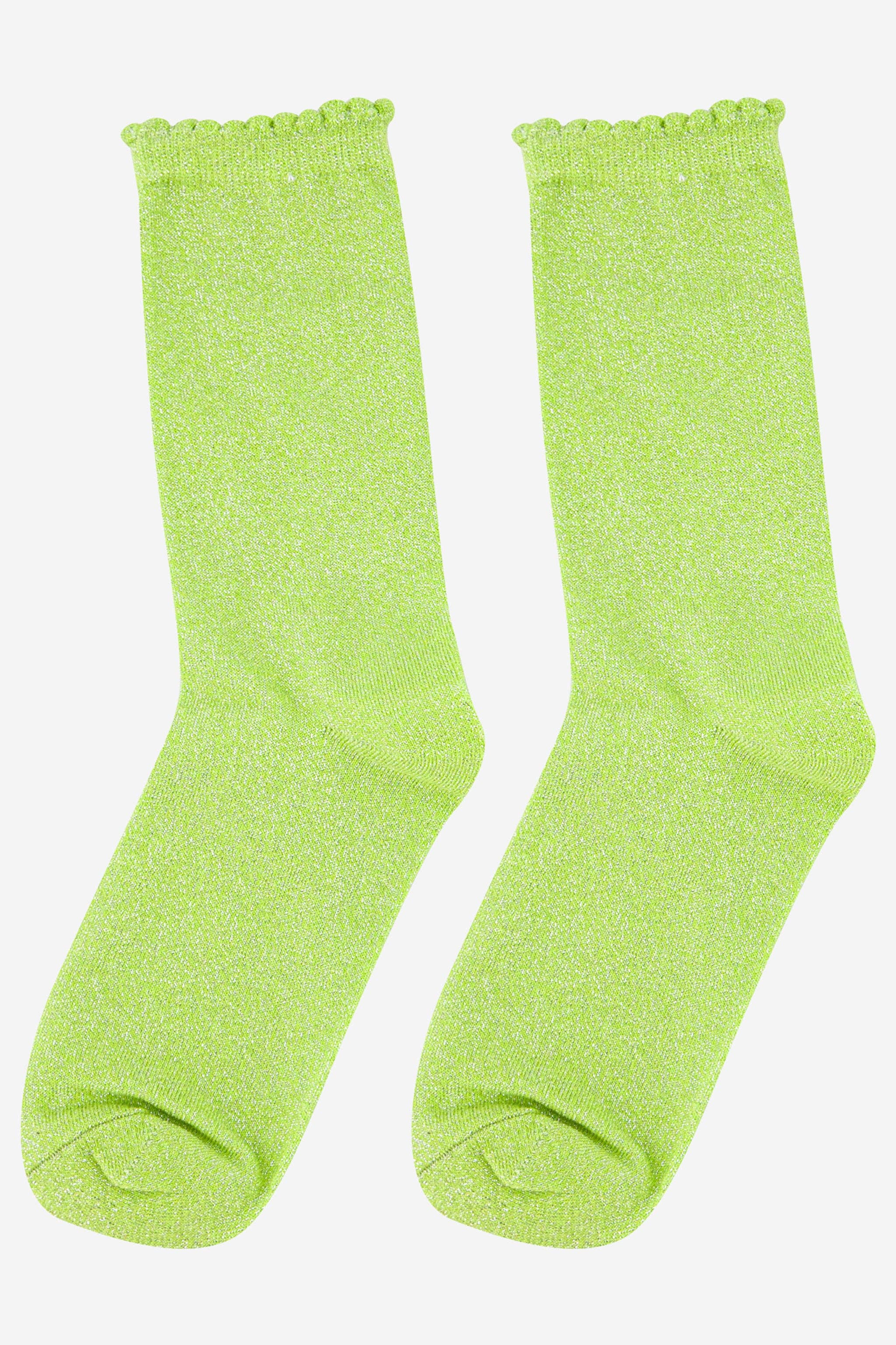 Acid Lime Green Sparkly Glitter Scallop Hem Socks