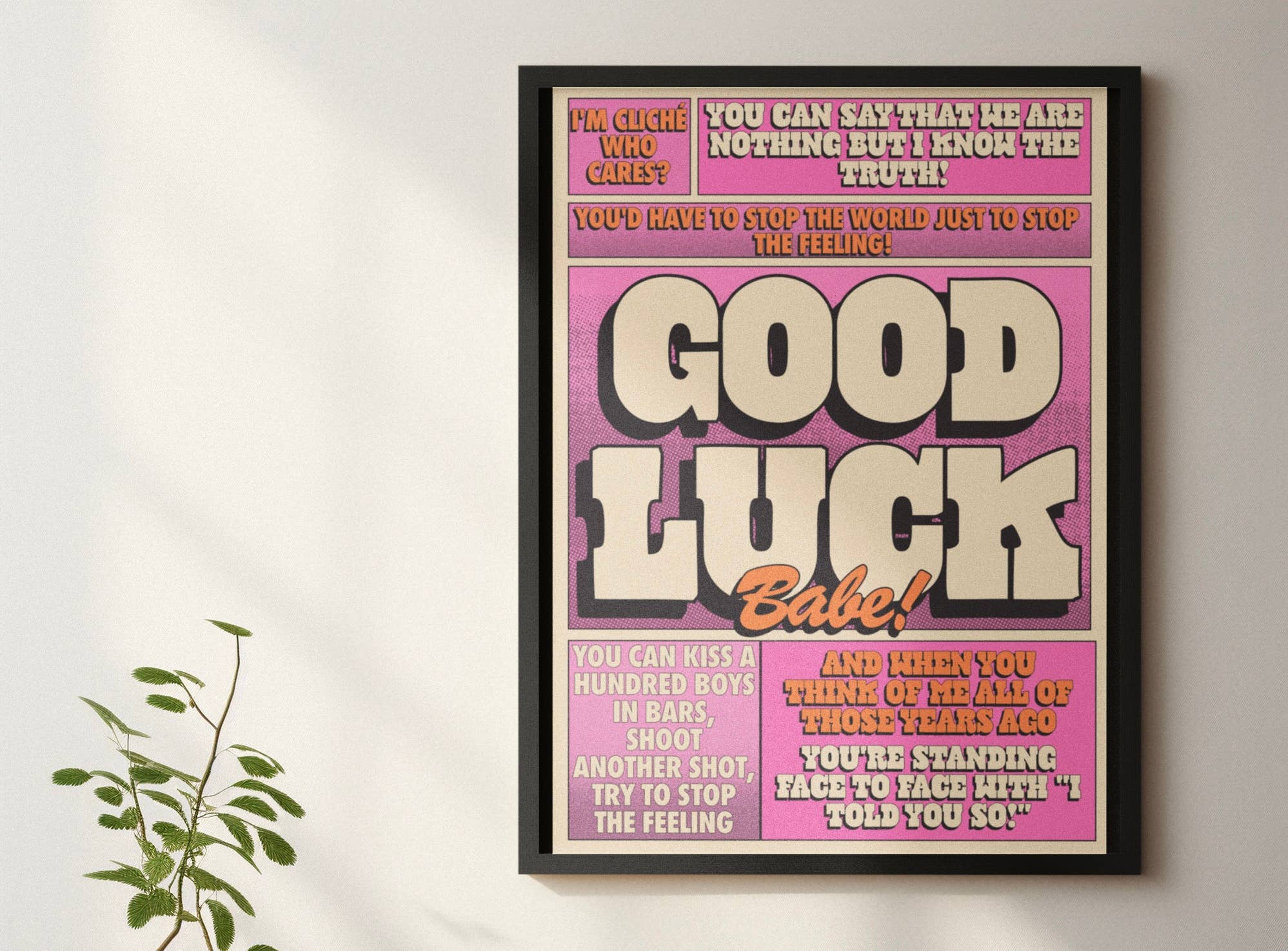 Framed poster with 'Good Luck Babe' text on a white wall with a plant.