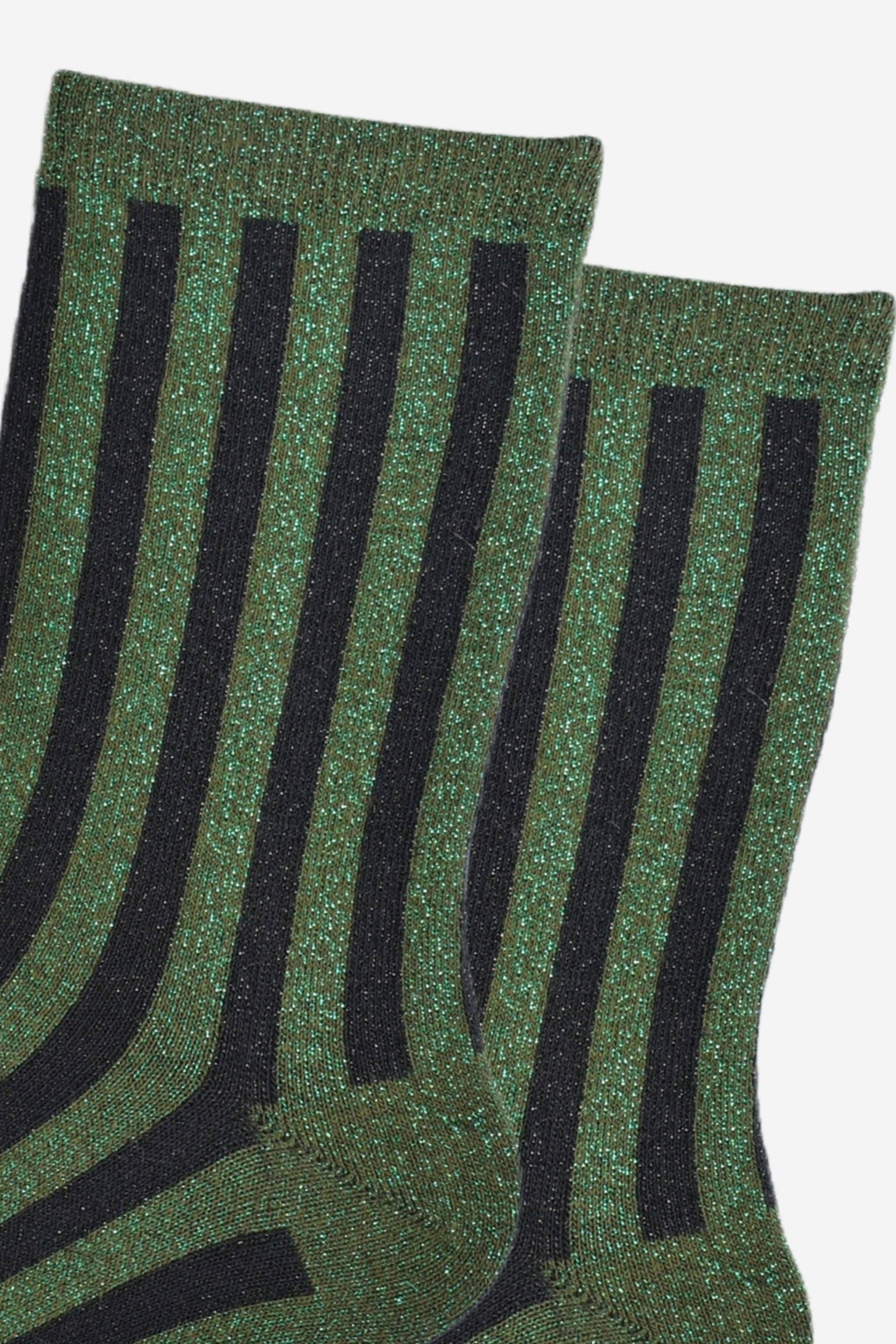Sparkly Khaki Green Black Vertical Stripe Glitter Socks