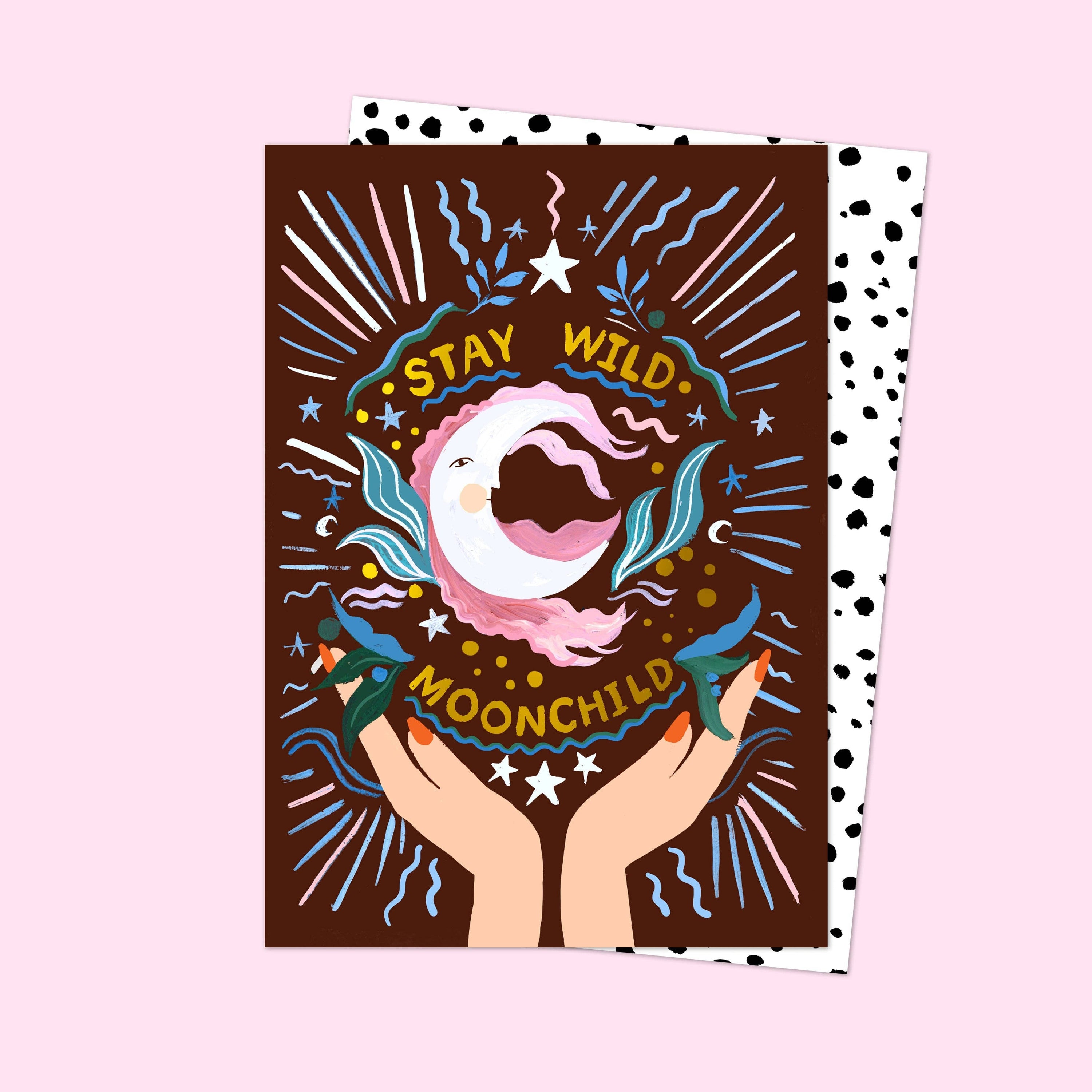 Card with 'Stay Wild Moonchild' design on a polka dot background