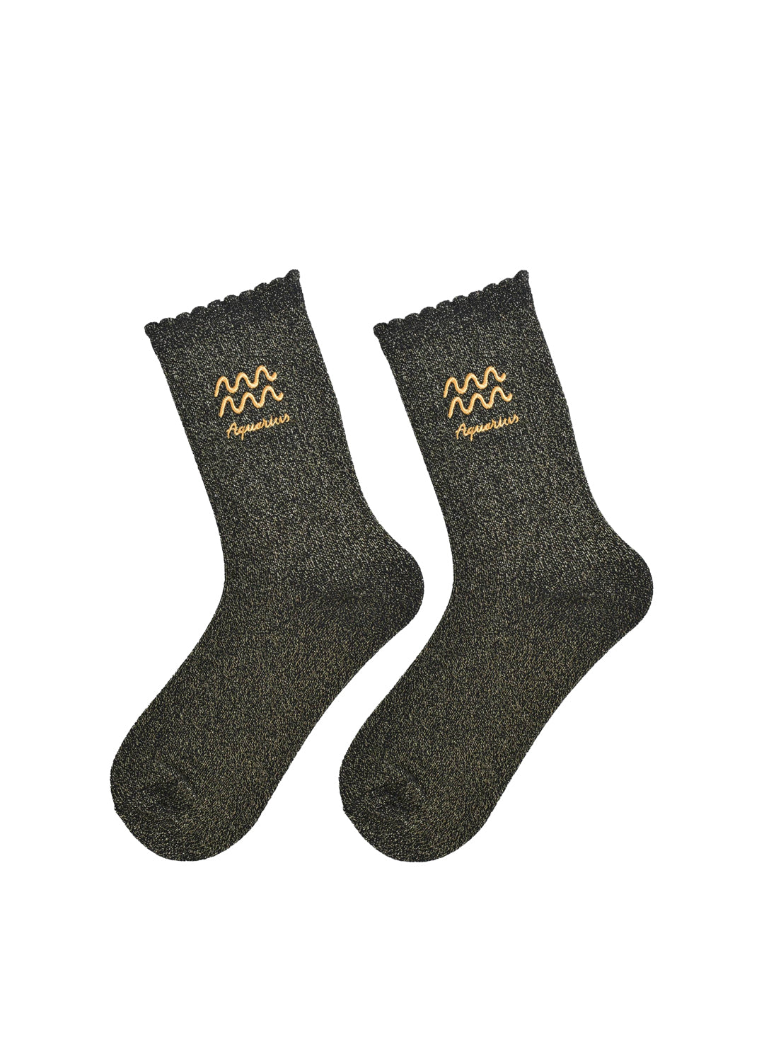 Pair of black socks with Aquarius zodiac sign embroidery on a white background