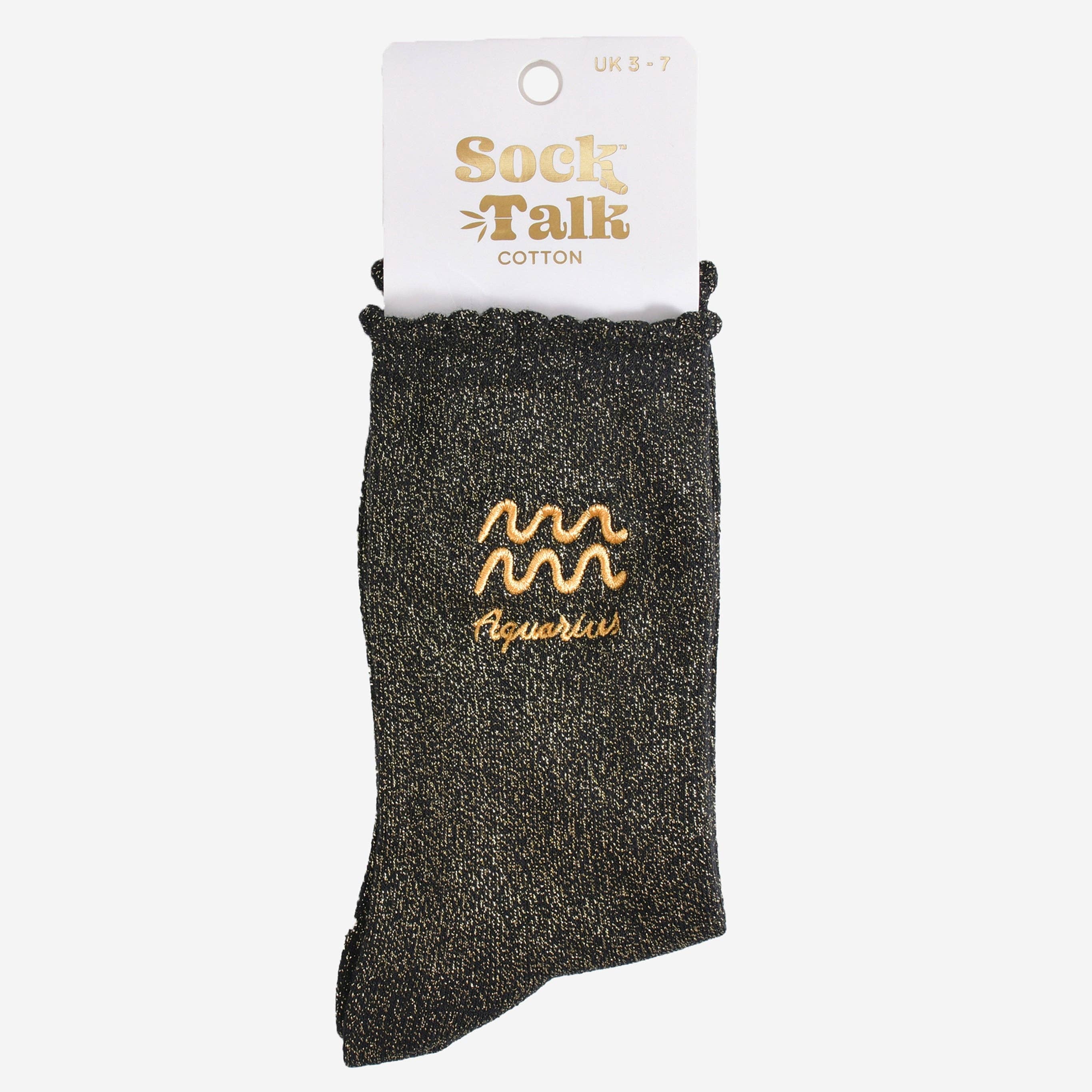 Black sock with gold text on a white background, featuring the brand 'Sock Talk'.