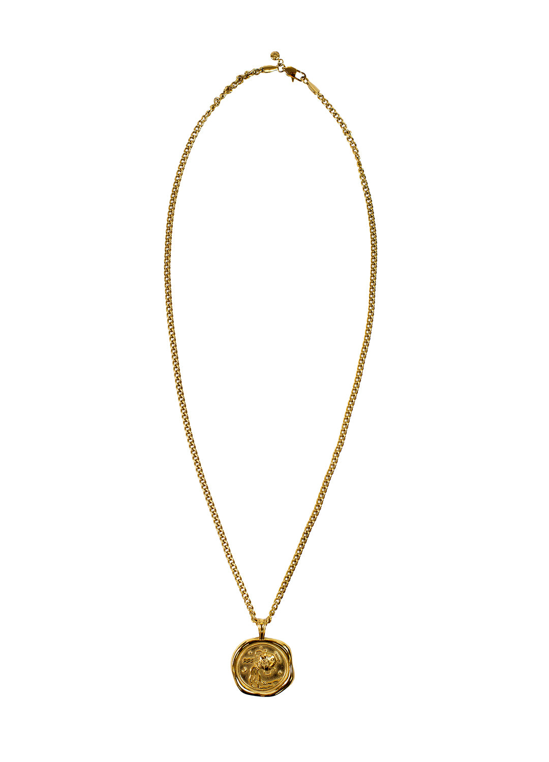 A gold chain necklace with a circular, textured gold pendant, displayed against a solid white background.