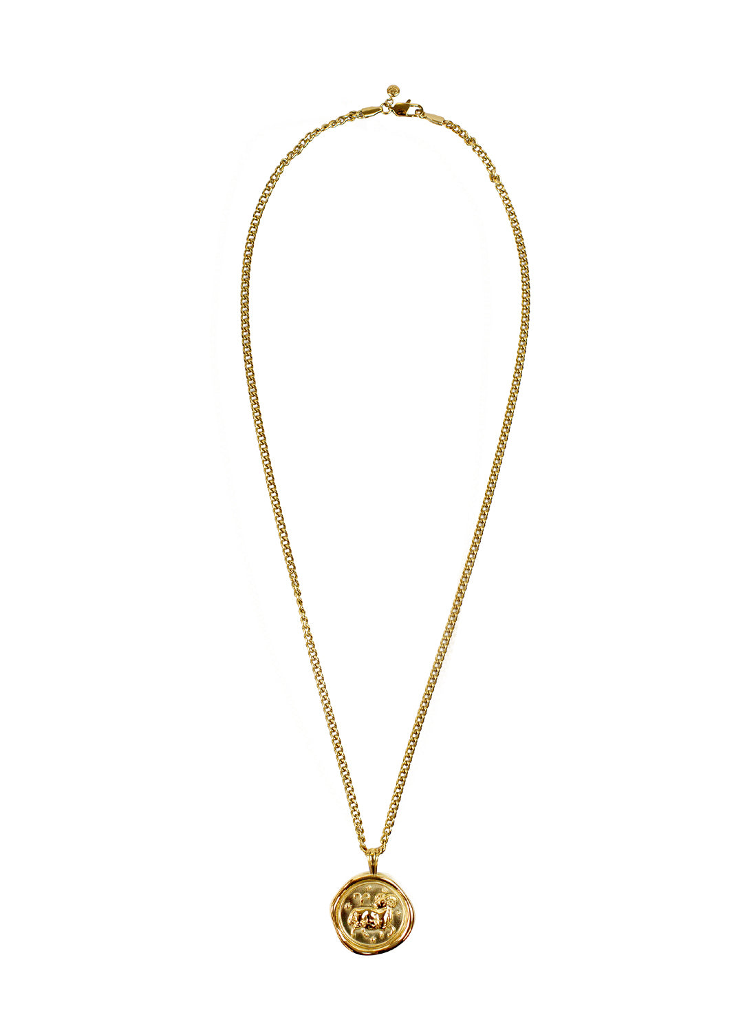 A gold chain necklace featuring a circular, textured gold pendant with an embossed design, displayed against a solid white background.