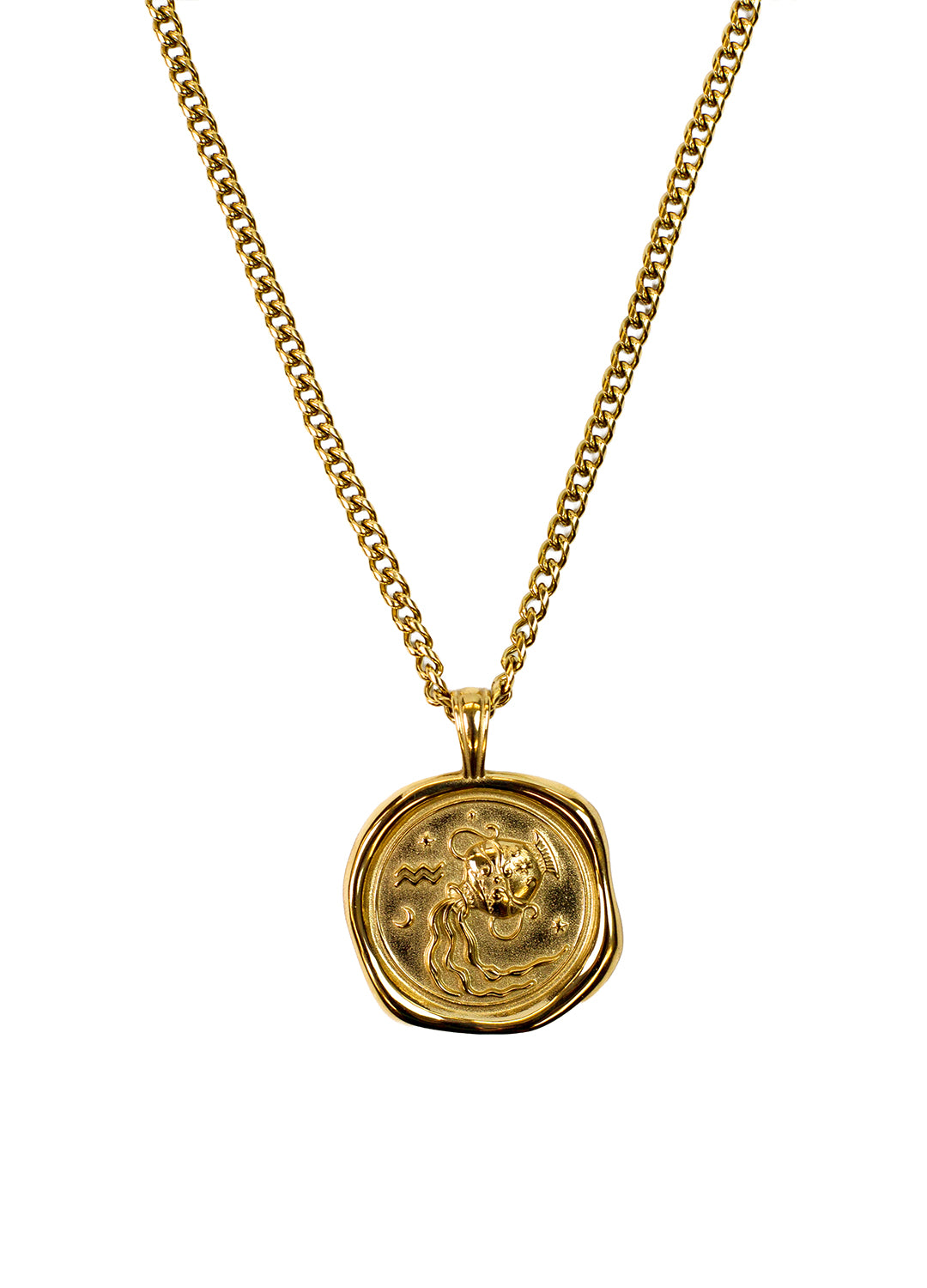 A gold chain necklace featuring a circular, textured wax-seal style pendant with an Aquarius zodiac design shown against a plain white background.