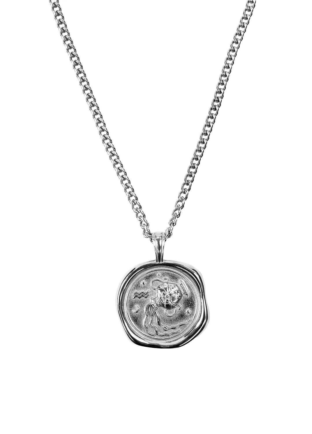 A silver-toned chain necklace with a circular, textured pendant featuring an aquarius zodiac design shown against a plain white background.