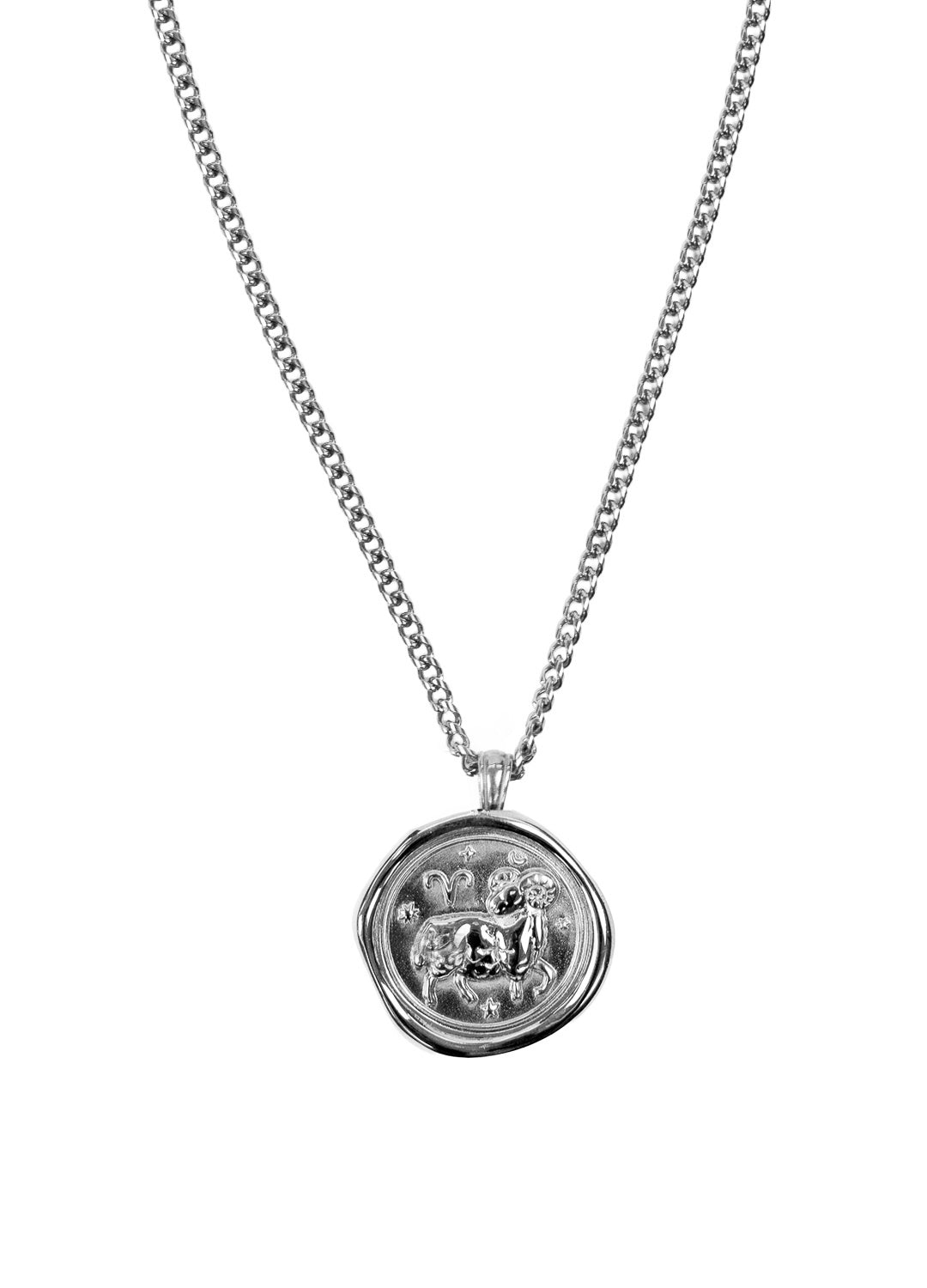 A silver-toned chain necklace with a round, textured pendant featuring a central aries motif shown against a plain white background.